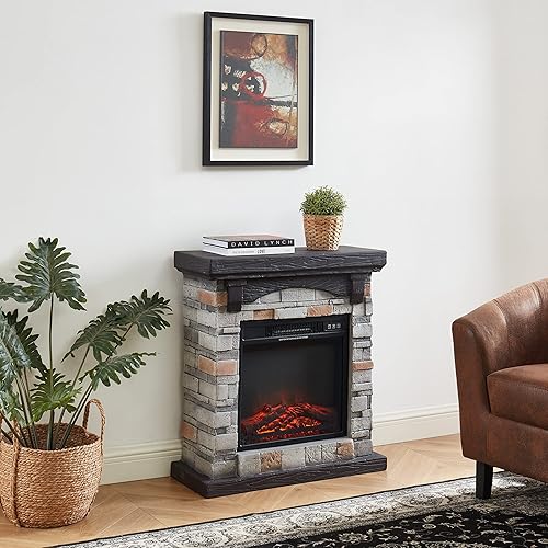 Miniatura 3 de Edwin's Choice Chimenea eléctrica con chimenea, chimenea de piedra sintética de 28 pulgadas de ancho, chimenea independiente, efecto de llama