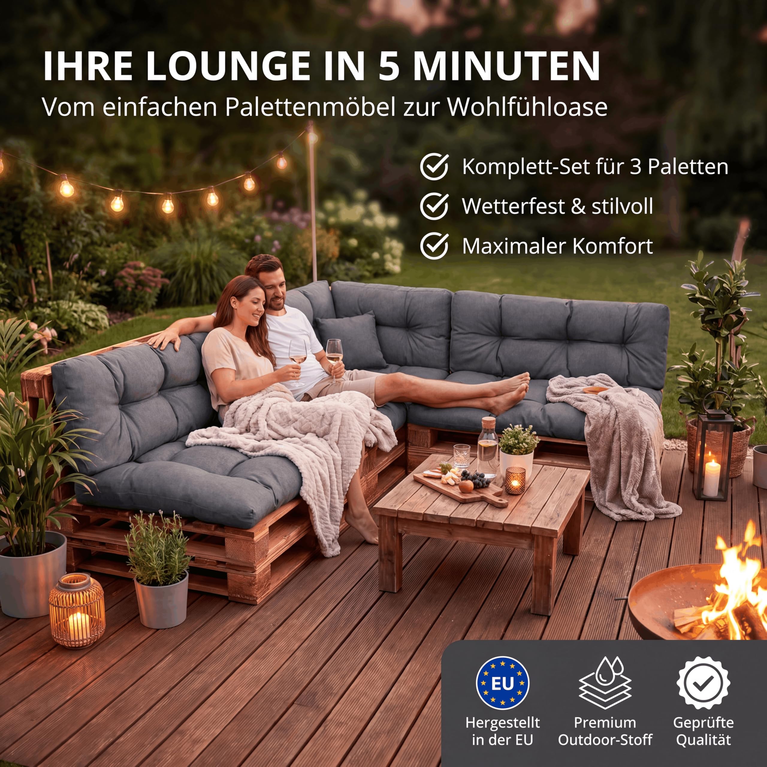 Wool & Home Palettenkissen Set für Gartenmöbel, 8-Teilig, Gesteppt, mit Polsterschaumfüllung, für Lounge, Palettensofa, Terrasse, Balkon und Garten Anthrazit