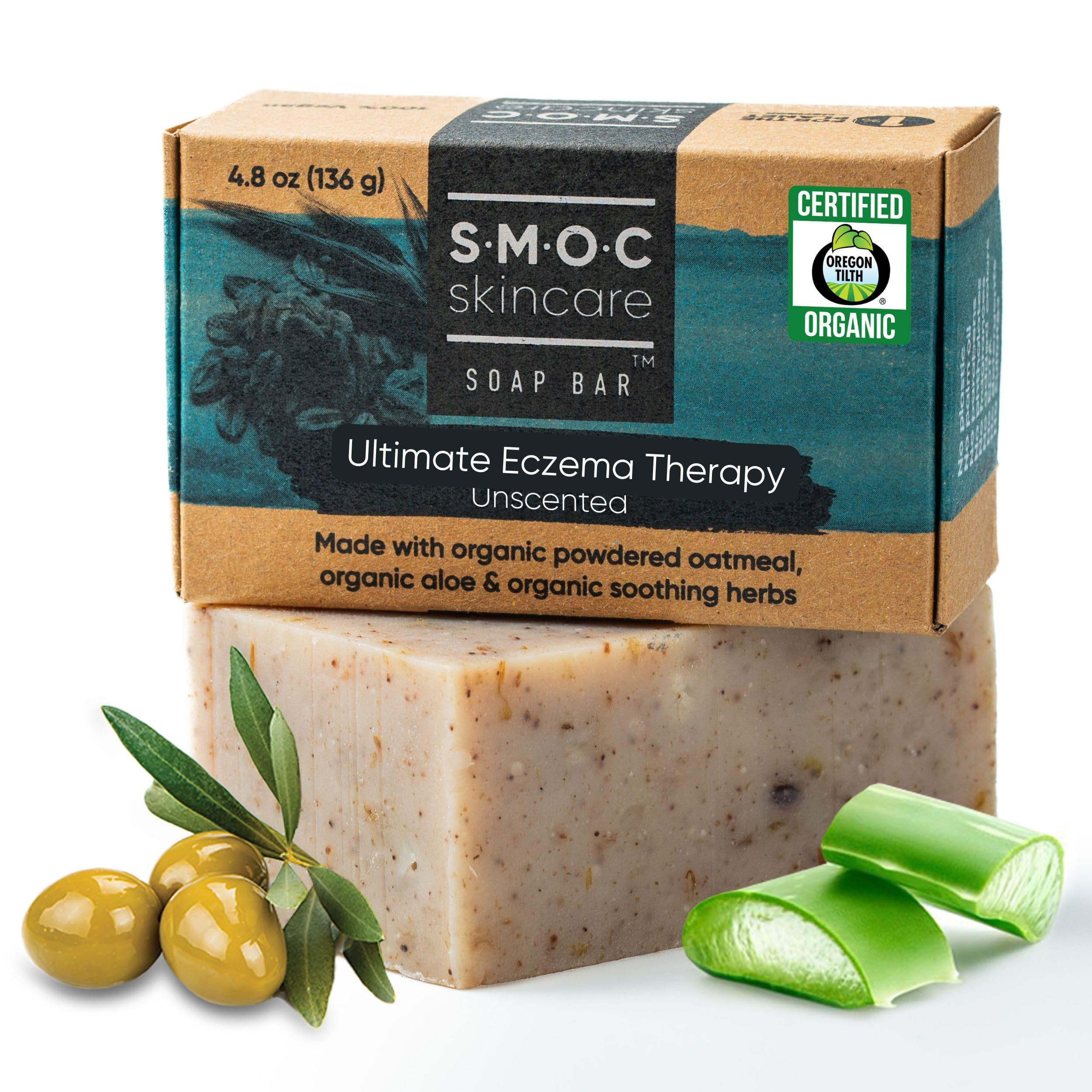 Certified Organic Eczema Soap Bar, Unscented — with Oatmeal, Aloe & Cocoa Butter — Relieves Eczema, Soothes Dry Itchy Sensitive Skin — for Kids & Adults — Food-Grade Ingredients (1)