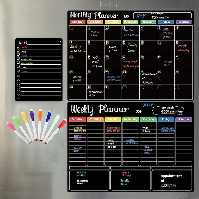 Magnetic Monthly Board for Kitchen Fridge with 8 Color Chalk Markers, 16"x12" Dry Erase Weekly Meal Planner and Grocery Shopping List Notepad Chalkboard for Refrigerator - Black
