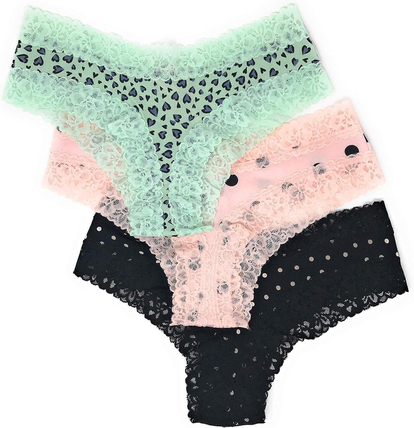 Conjunto de 3 calcinhas de renda ousadas Victoria's Secret, Mint Leo Heart  / Light Pink Dot / Black Dot, M | Amazon.com.br