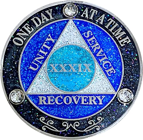 Vista 21 de (años 1-50) AA 17 años de cristales y medallón de purpurina, chapado en color plateado, arco iris negro, purpurina azul y tres cristales