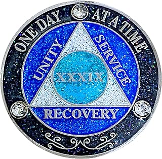 (Years 1-50) AA 39 Year Recovery Coin, Metal, Zinc, Crystals & Glitter Alcoholics Anonymous Medallion, Silver Color Plated, Black Rainbow, Blue Glitter and Three Clear Crystals, Epoxy Covered