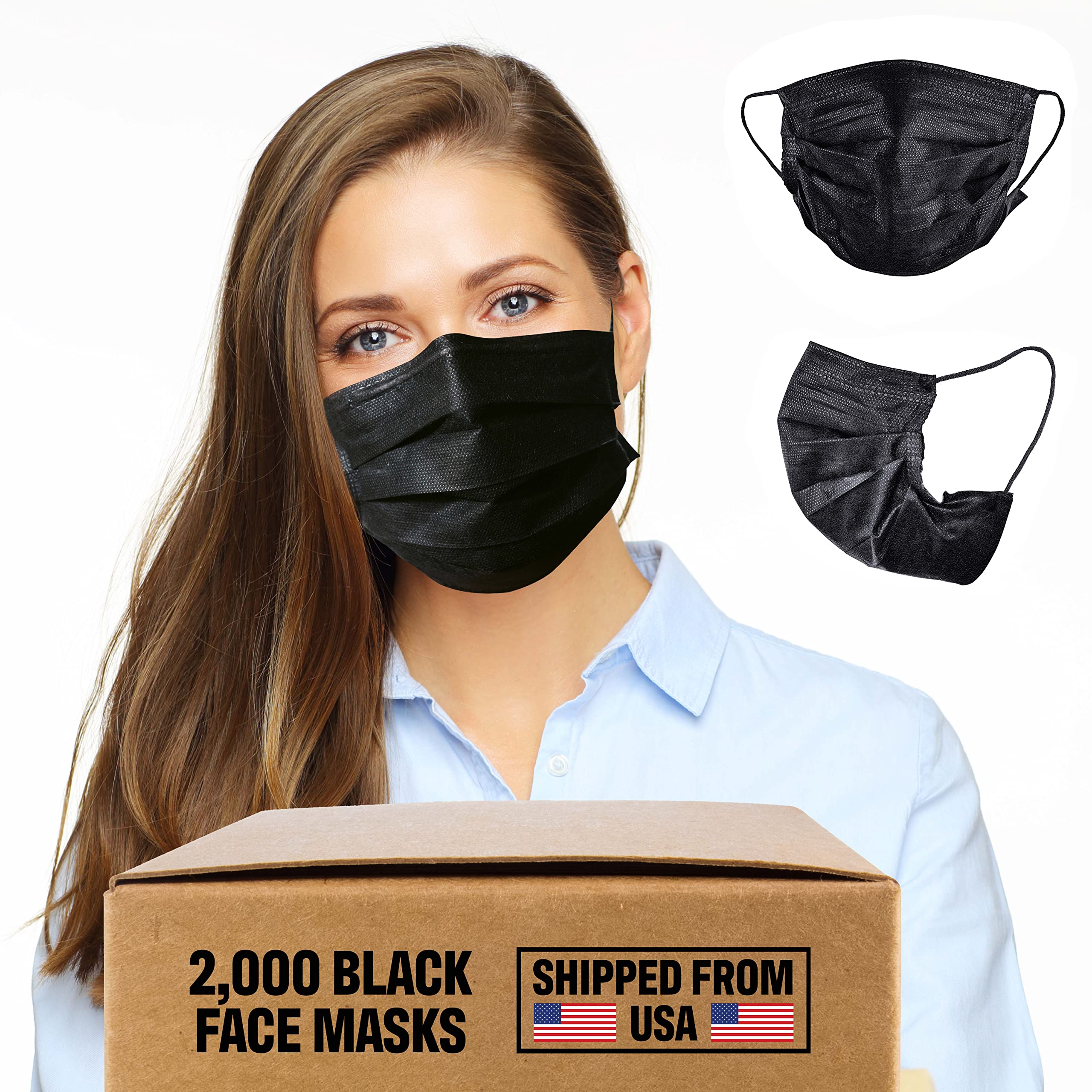 Photo 1 of 2000 Black Disposable Face Masks Bulk (40 Packs, 50pcs/Pack), Non Woven Thick 3-Layers Breathable Facial Masks with Adjustable Ear loop, Mouth and Nose Cover