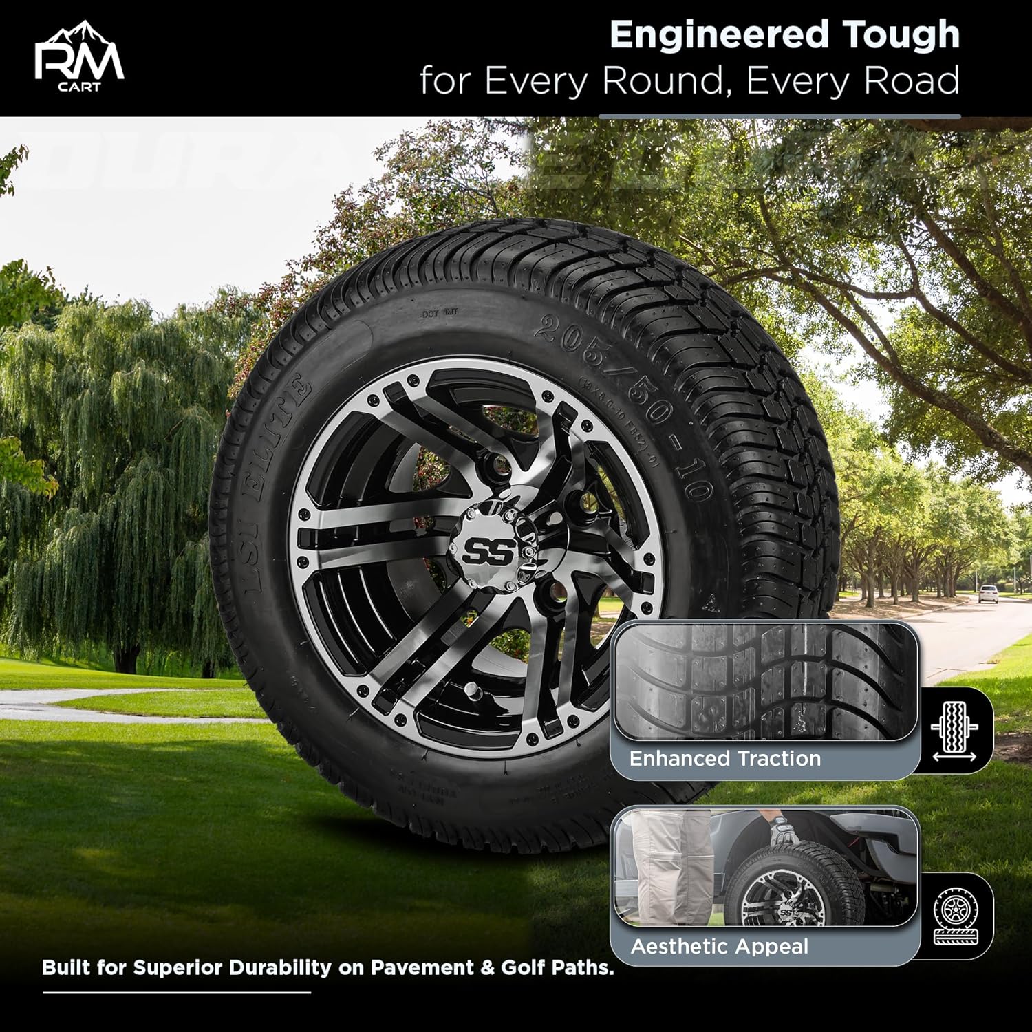 RM Cart 10" Yukon Black/Machined on 205/50-10 LSI Elite Tires (Set of 4) | Golf Cart Tires and Wheels Combo with Standard Lug Nuts