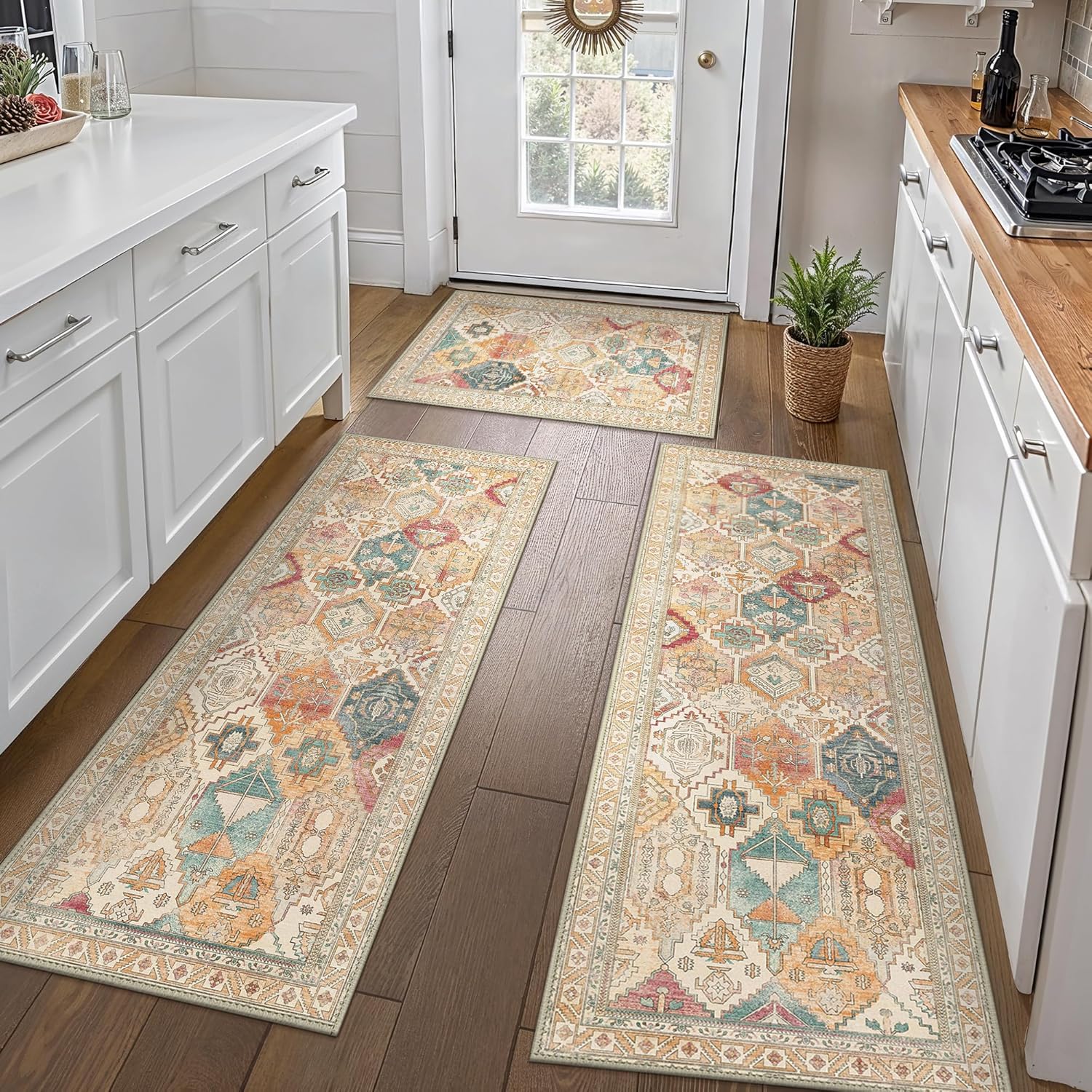 GENIMO Kitchen Rugs Sets of 3 Non Slip Washable Kitchen Mats for Floor, Waterproof Abstract Kitchen Runner Rug, Floor Mat Carpet for Hallway, Laundry, Sink, Entryway, Bathroom, Retro Multi