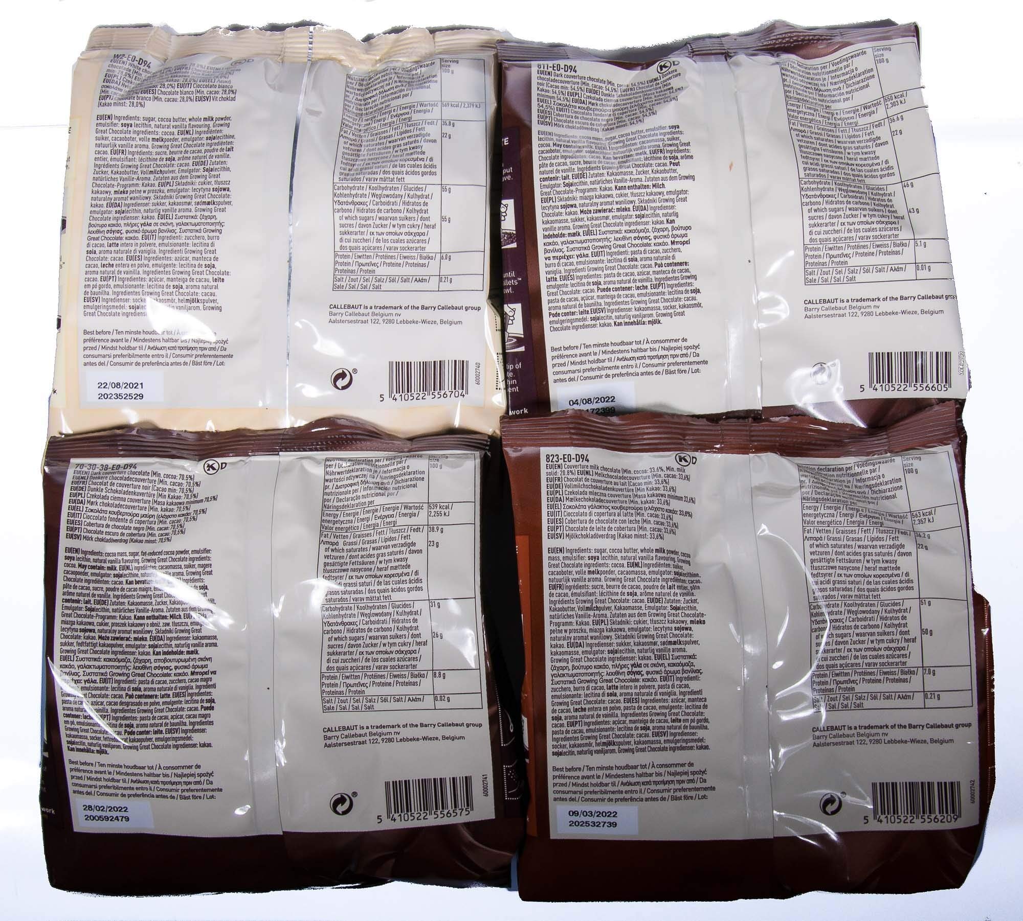 Callebaut 4 x 400g Bundle - Copertura di Cioccolato al Latte, Fondente & Bianco Belga - Finest Belgian Chocolate (Callets) Confezione da 4 x 400g