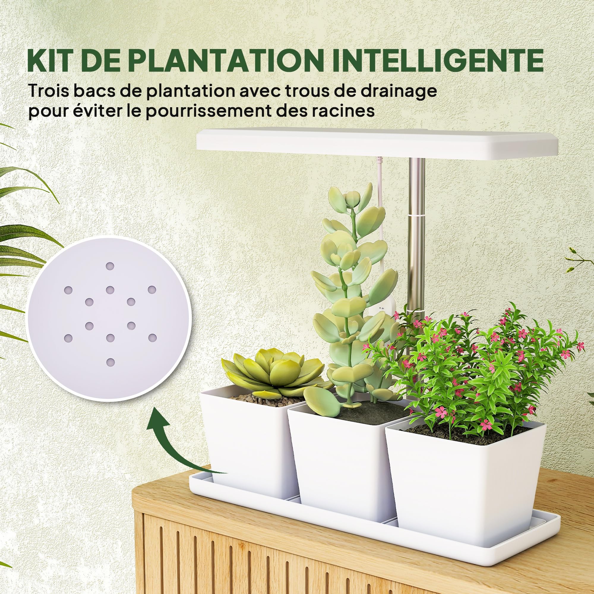 Outsunny Lampe de croissance 10W lampe plante de culture LED à spectre complet avec 3 bacs à fleurs, minuterie marche/arrêt automatique 8/12/16/24 H, 5 niveaux de luminosité, hauteur réglable, blanc