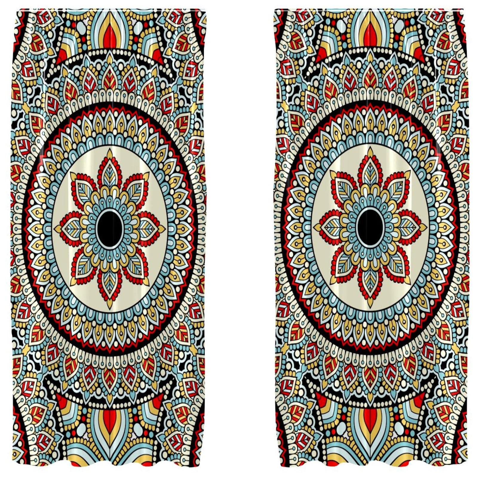 Rideaux de salon mandala henné haut de gamme | Finition d'art textile 139x213 cm