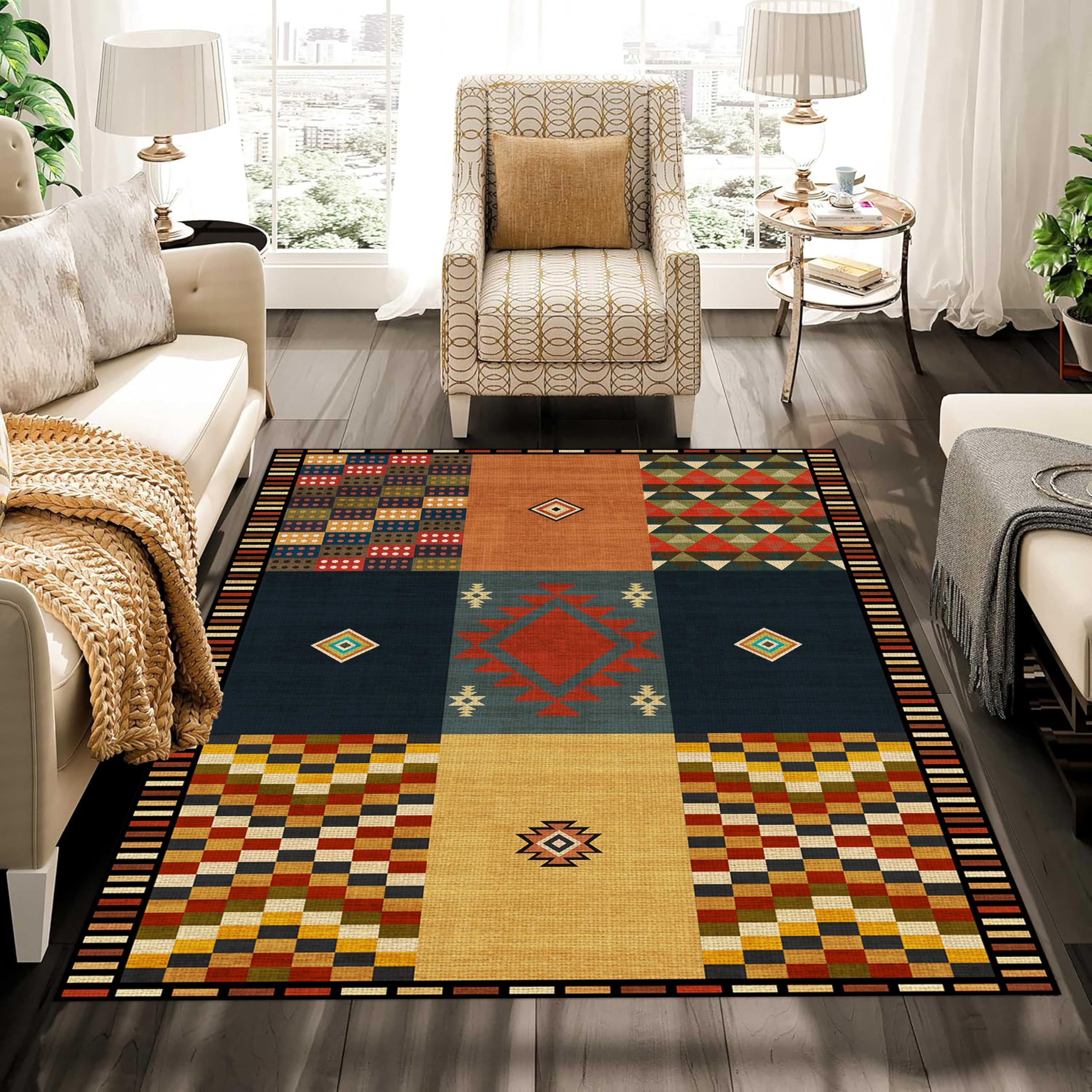 MUOUCTE Rustic Checkered Rug for Living Room, 180x300cm, Retro Moroccan Print Aztec Pattern Western Distressed Rugs, Indoor Ultra-Thin Stain Resistant Sturdy Carpet for Relax Room Laundry