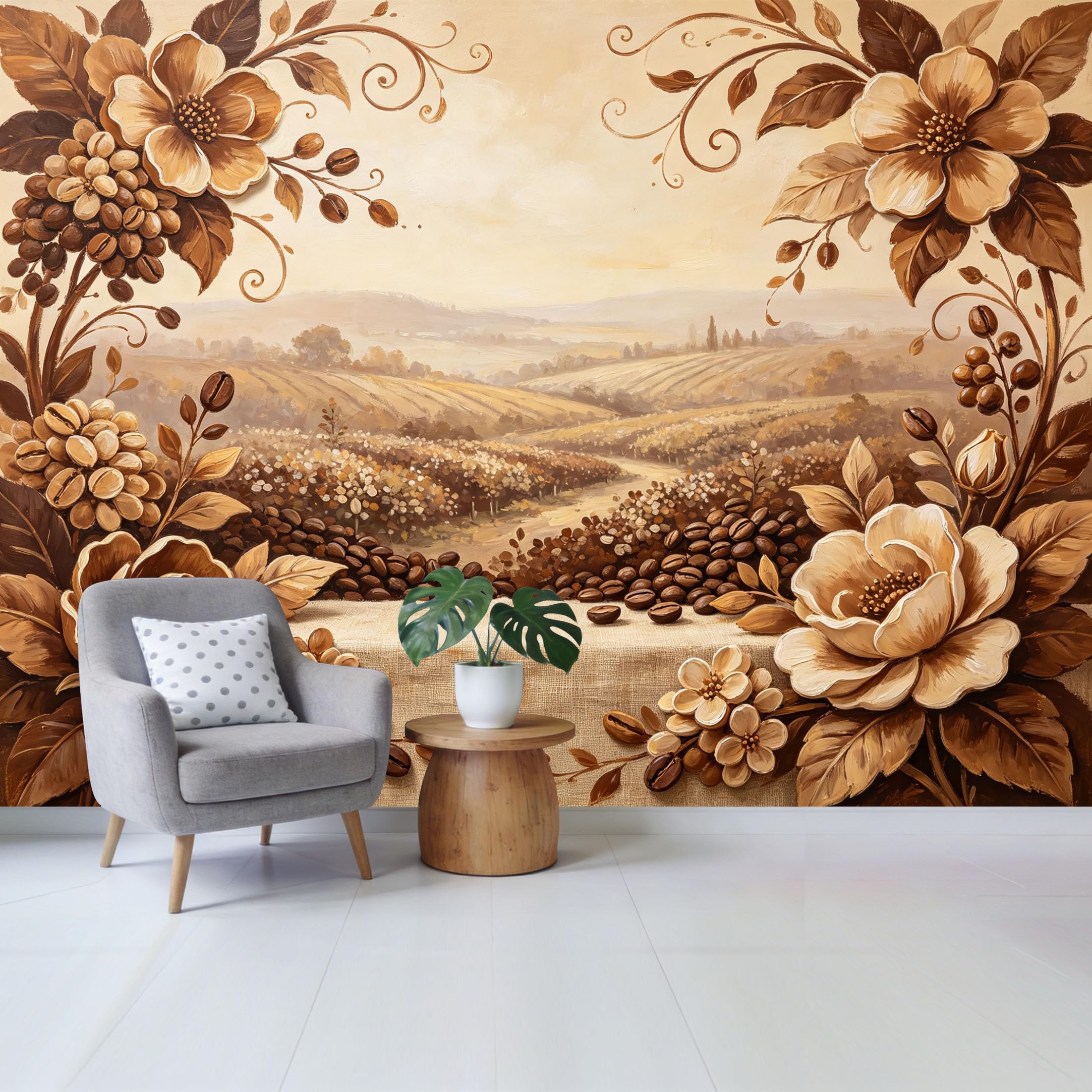 Qzlithotic Yq2605250442 Custom Size Wall Mural Vintage Coffee Bean Plantation Landscape Botanical Oil Painting Selfadhesive Wall Fabric Removable Wallpaper For Home Office Decor