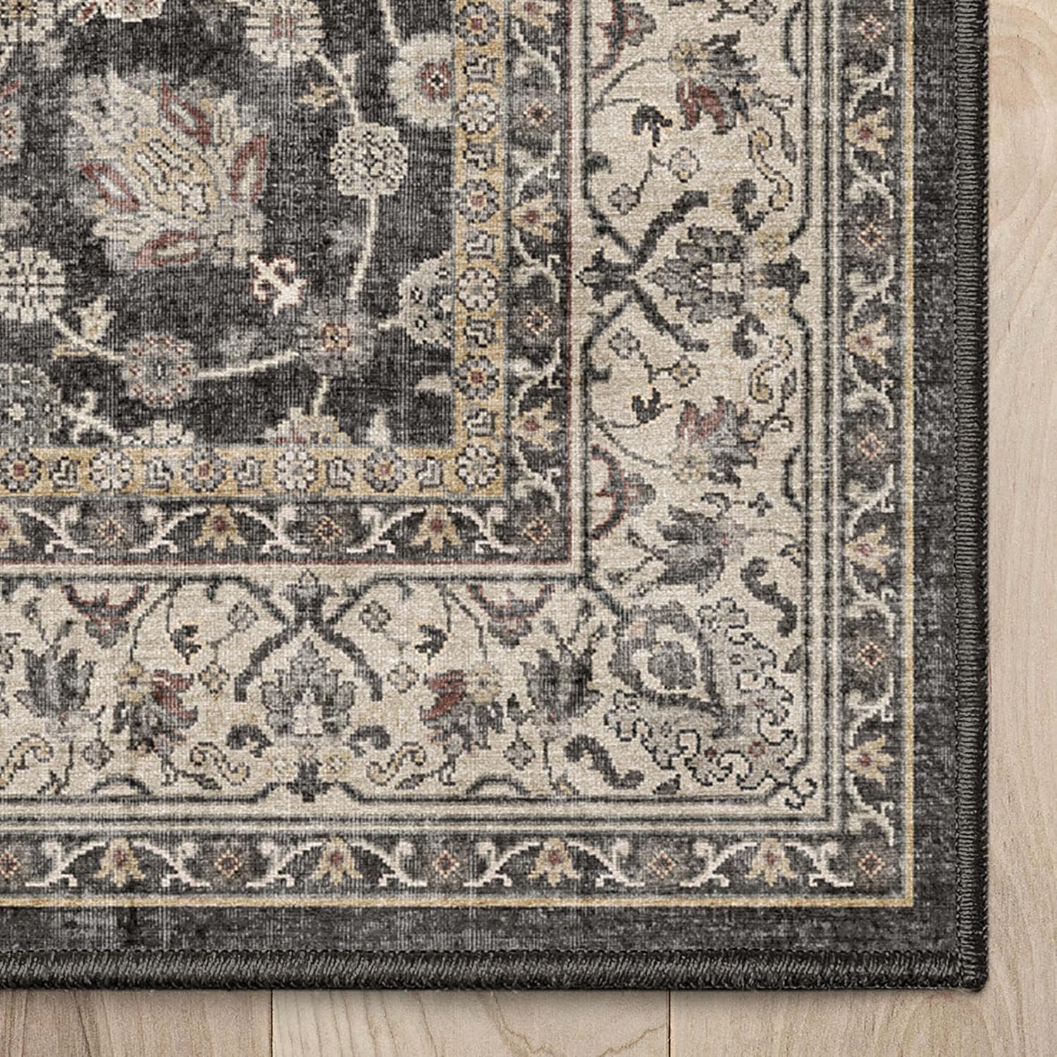 Well Woven Custom Size Hallway & Stair Runner- Asha Rome Black 26 Inches Wide Super Thin Long Runner (26" x 3' Runner) Rug - Oriental Floral, Easy Clean, Floor-Friendly Backing