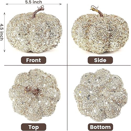 Miniatura 2 de DomeStar - Calabaza artificial con brillantina, dorada, de cosecha o granja, para decorar centros de mesa, otoño, Halloween y Acción de Gracias