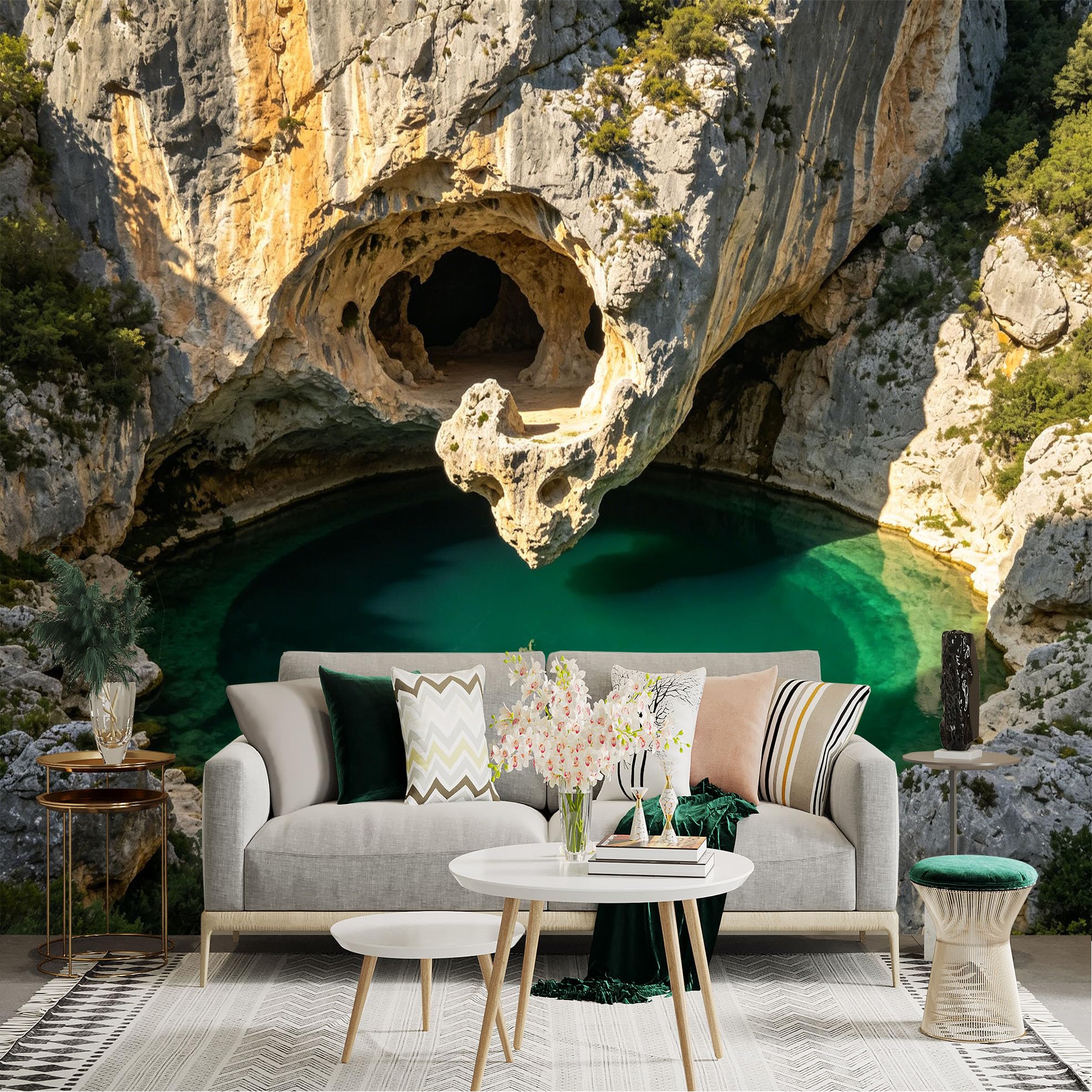Lnzczhyre Dbh260521406 Custom Size Wall Sticker Mural， Natural Turquoise Lake In Hidden Limestone Cave， Dramatic Rock Formations And Mountain Scenery， For Wall Decoration， Peelandstick Wall Decals.