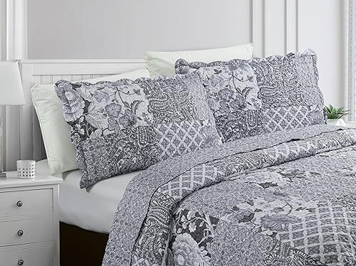 Miniatura 9 de Brilliant Sunshine Rose and Toile Patchwork, 3-Piece Quilt Set, Reversible Bedspread, Lightweight Coverlet, All-Season, Queen, Rose Gray