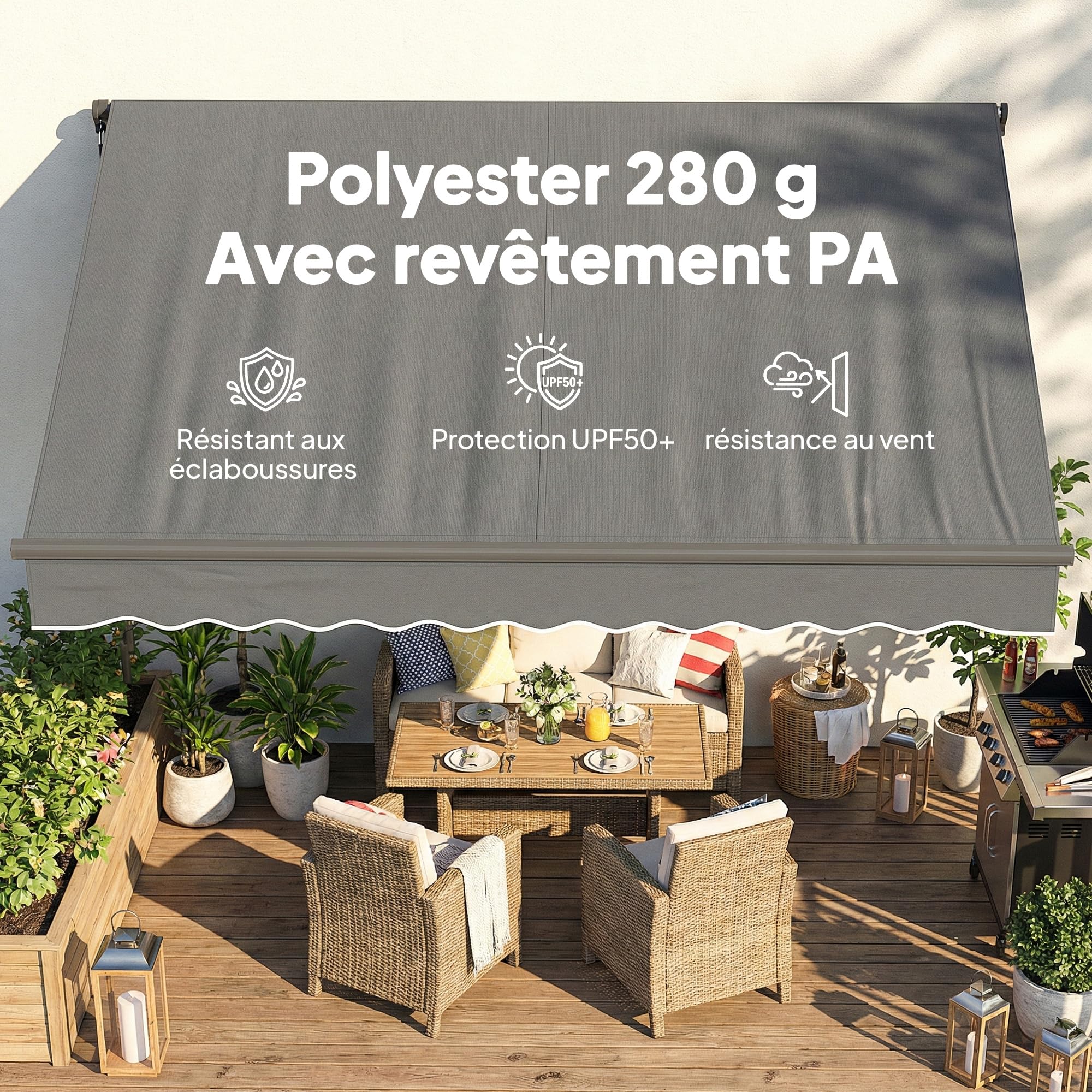 Outsunny Store banne Manuel 3,5x3m, auvent rétractable Inclinaison réglable, manivelle, Aluminium et Polyester 280 g/m² Protection UV résistance à l'eau, pour Patio, Balcon, terrasse, Gris foncé