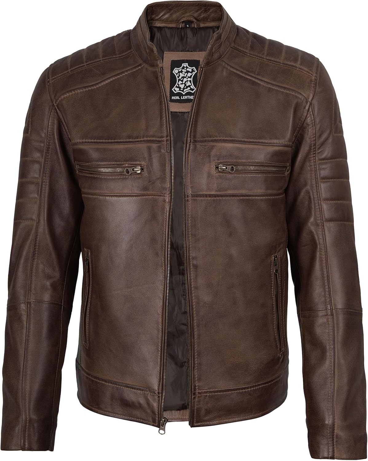 fjackets Cafe Racer Leather Jacket Men - Real Lambskin Natural Grain Leather Moto Style Jackets For Mens - Image 2