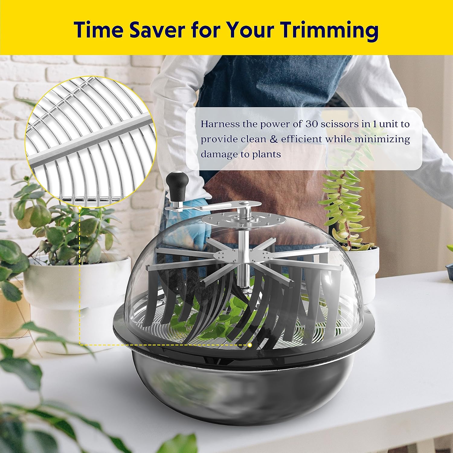 iPower Bud Trimmer in use, showing plant material being trimmed inside the bowl