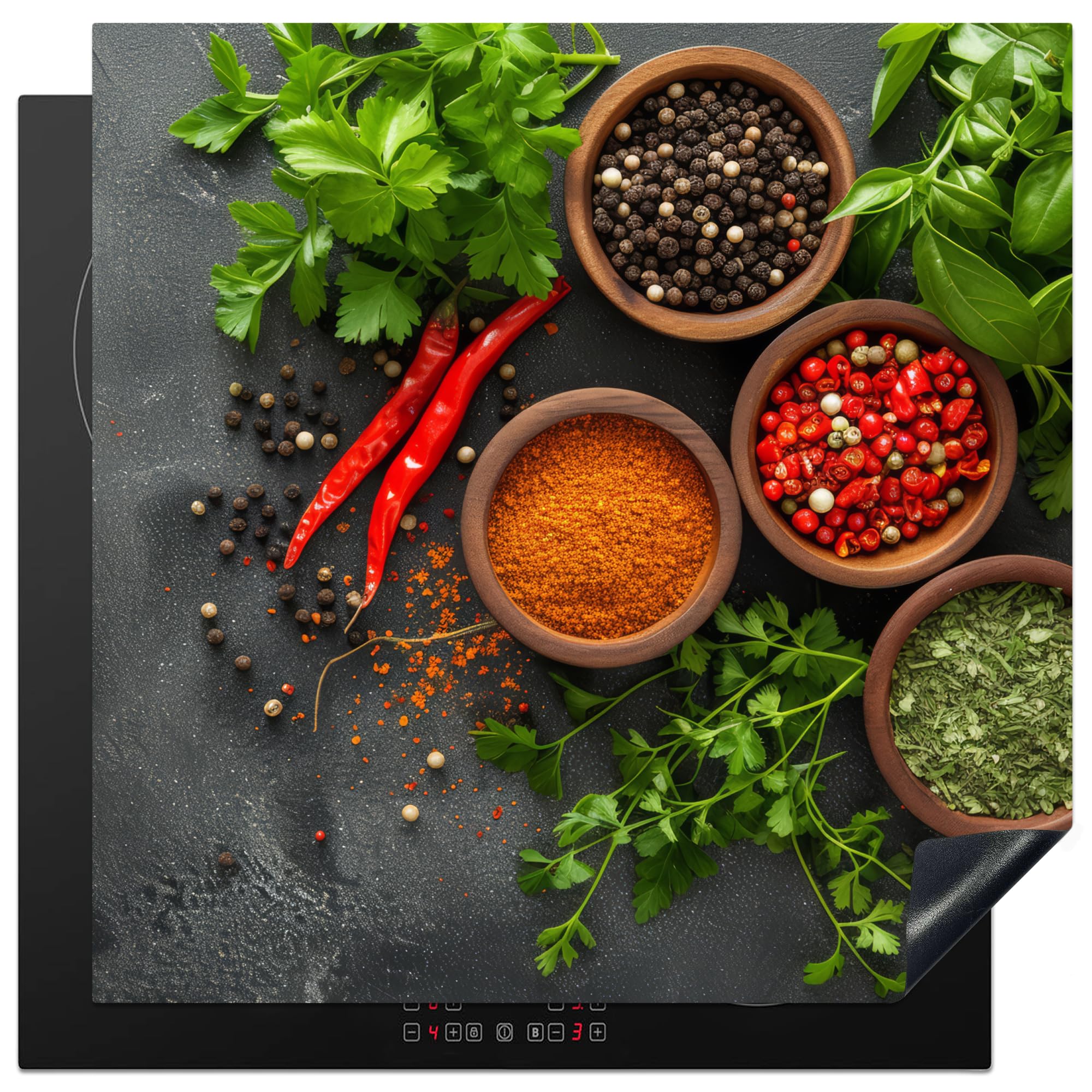 KitchenYeah© Induction Hob Cover Protector Mat 30.7"x30.7" / 78x78 cm Kitchen Universal Ceramic Covers for Electric Cookers Vinyl Herbs - Concrete - Pepper - Plants - Spices — image 1