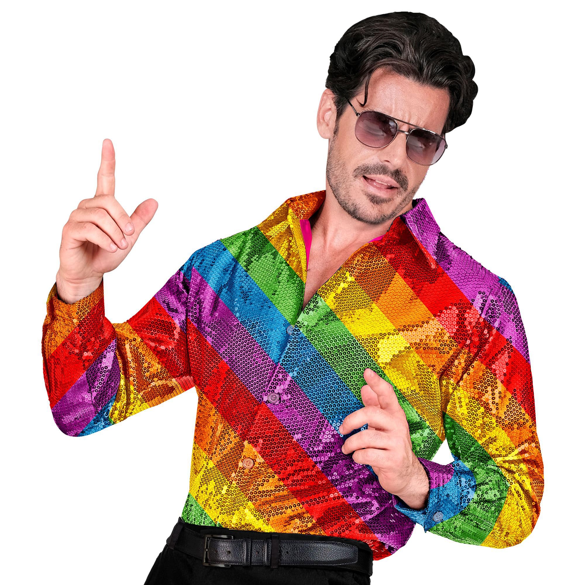 Widmann - Party Fashion Sequin Shirt Men Rainbow Disco Fever Strike Movie Men's Shirt, S-M