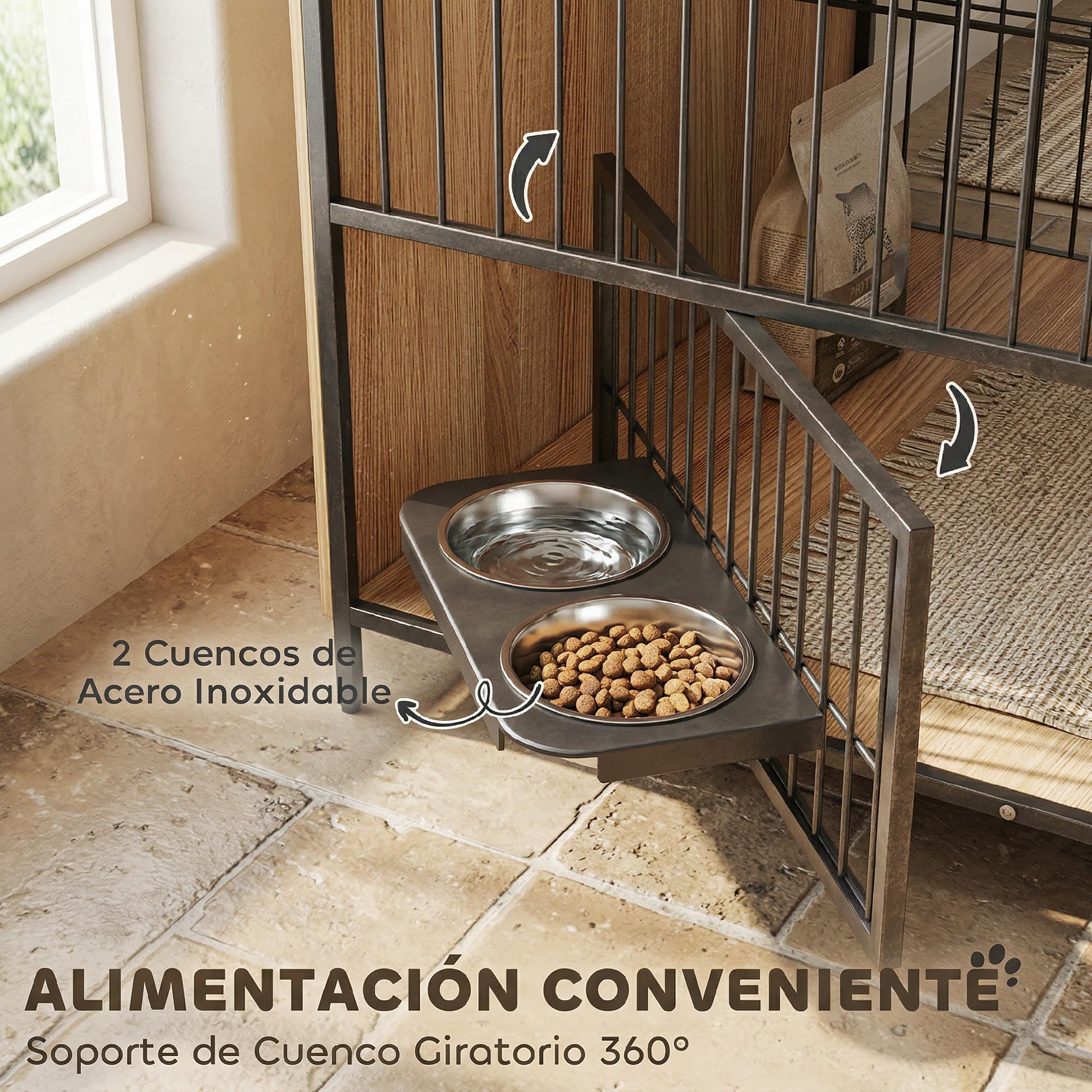 PawHut Jaula para Perros Casa para Mascotas con 2 Puertas y Mesa Auxiliar Moderna con Soporte Giratorio 2 Tazones y Estante de Almacenamiento Superior para Perros Medianos 80x56x76,5 cm Roble