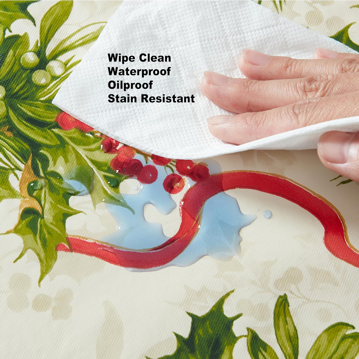 Newbridge Christmas Holly Traditions 60 x 84 Inch Rectangle Vinyl Tablecloth with Flannel Backing – Red Holly Berries & Holiday Ribbon Print Easy-Care Wipe Clean Table Cover