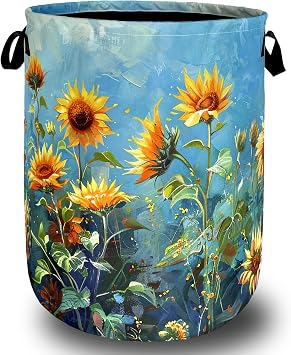 Watercolor Sunflower Laundry Basket Oxford Cloth Hamper 18.9x16.5 Inch