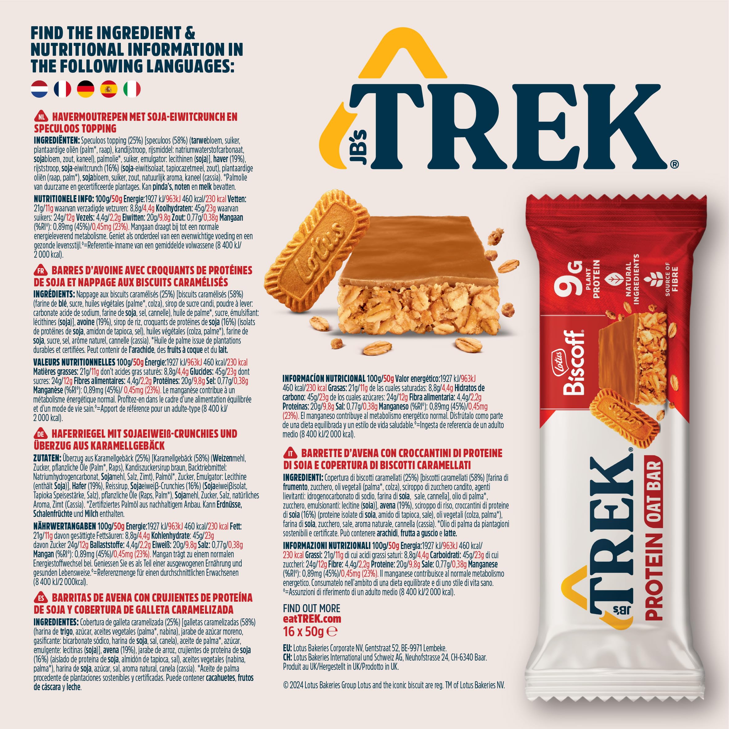 JB's TREK Barres d'Avoine Protéinées Biscoff | Vegan | 16x50g (800g) | 9g Protéine Végétale | Riche en fibres