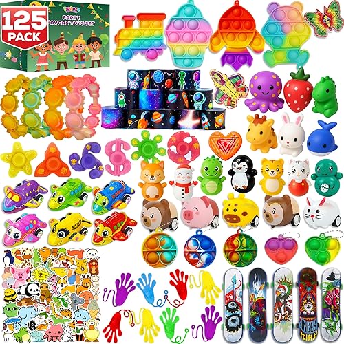 125 Pcs Party Favors Fidget Toys Pack, Randomly Selected Pop Sensory Set 65 Stickers Gifts for Kids Adults Boy Girl Stocking Stuffers Autistic Goodie Bag Filler Treasure Box Classroom Prizes School