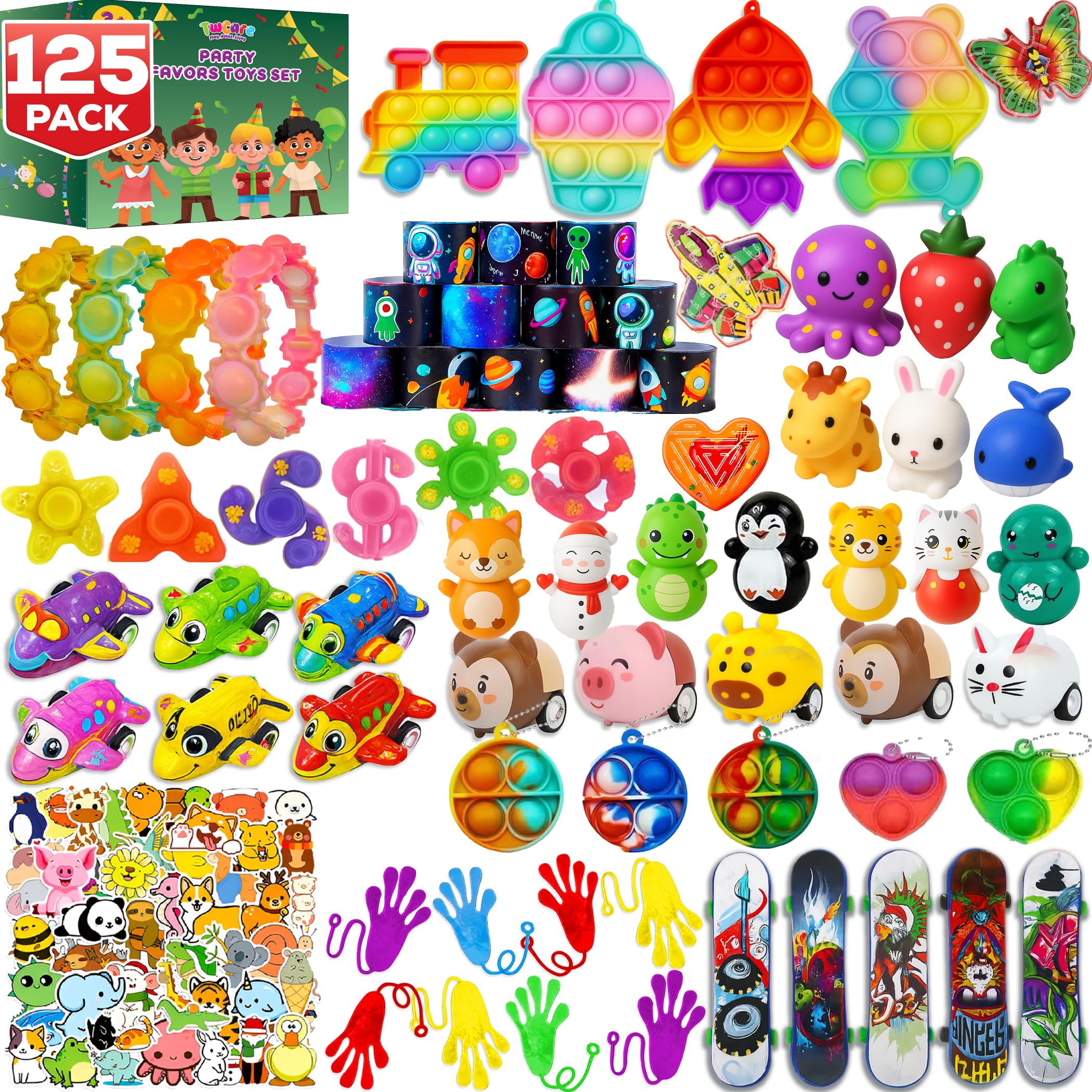 125 Pcs Party Favors Fidget Toys Pack, Randomly Selected Pop Sensory Set Gifts Stickers for Kids Adults Boy Girl Stocking Stuffers Autistic Bulk Goodie Bag Filler Treasure Box Classroom Prizes School