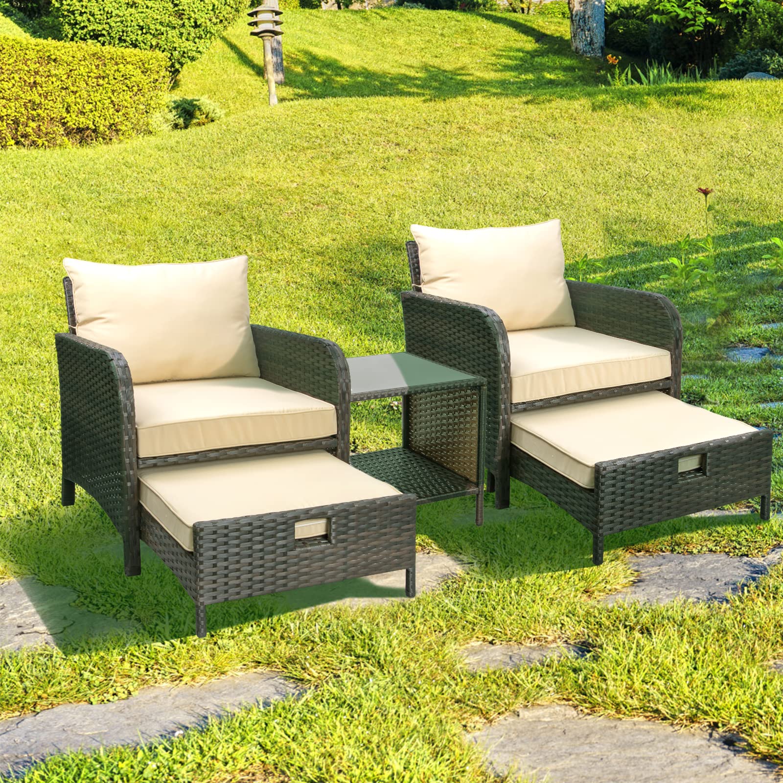LeveLeve Balcony Furniture 5 Piece Patio Conversation Set, PE Wicker