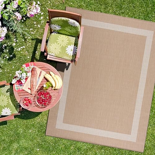 CAMILSON Outdoor Rug - Modern Area Rugs for Indoor and Outdoor patios, Kitchen and Hallway mats - Washable Outside Carpet (5x7, Bordered - Beige/White)