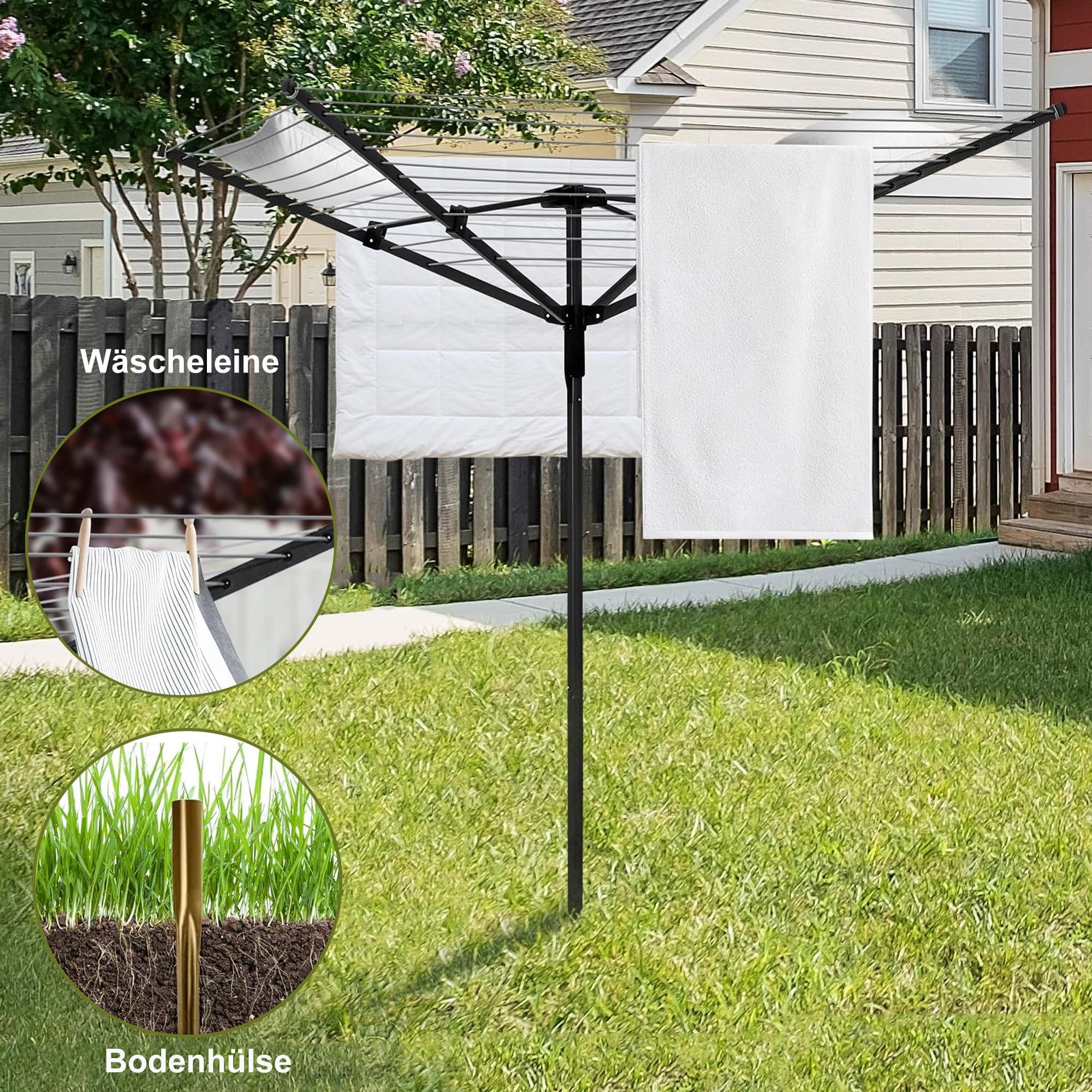 MYOYAY Wäschespinne Draußen, Faltbare 4-armig Wäscheständer mit Bodenhülse | Wäscheständer Wäschespinne für Garten große xxl Wäscheschirm mit Schutzhülle, 50m PVC Wäscheleine, Schwarz