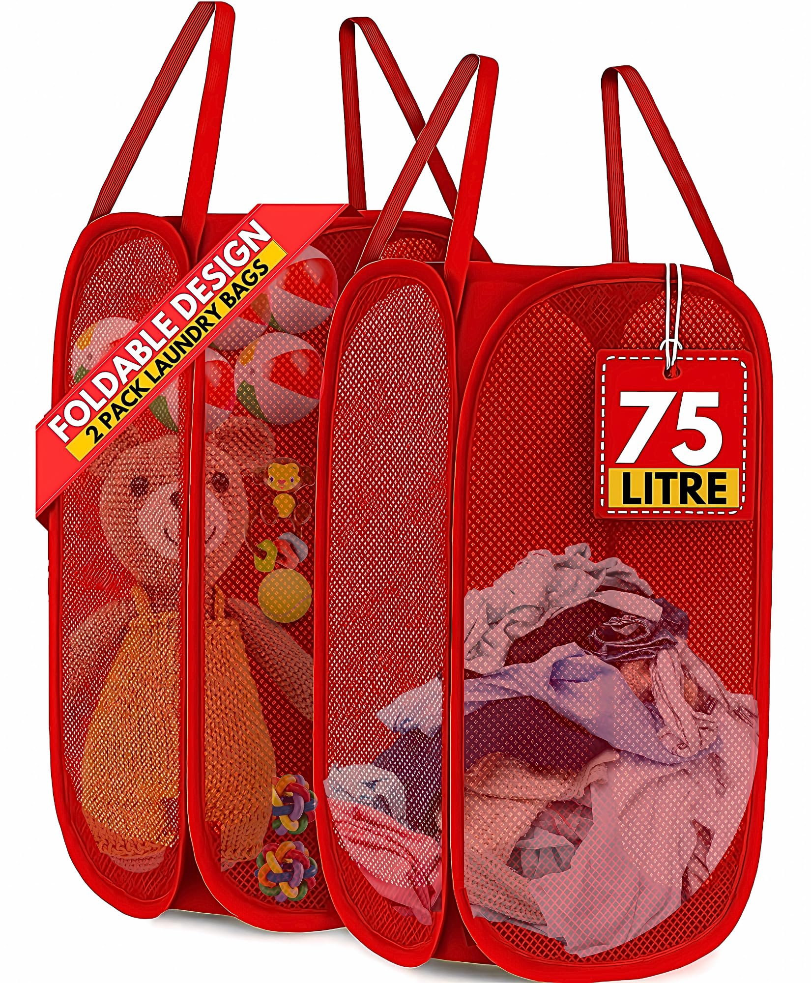 F8WARES 2PK 75 Litres Nylon Mesh Foldable Laundry Basket for Clothes - Odourless Breathable Laundry Bag for Clothes with Carry Handles - Kids Toy Baskets For Storage & Dirty Cloth Basket Hamper Red