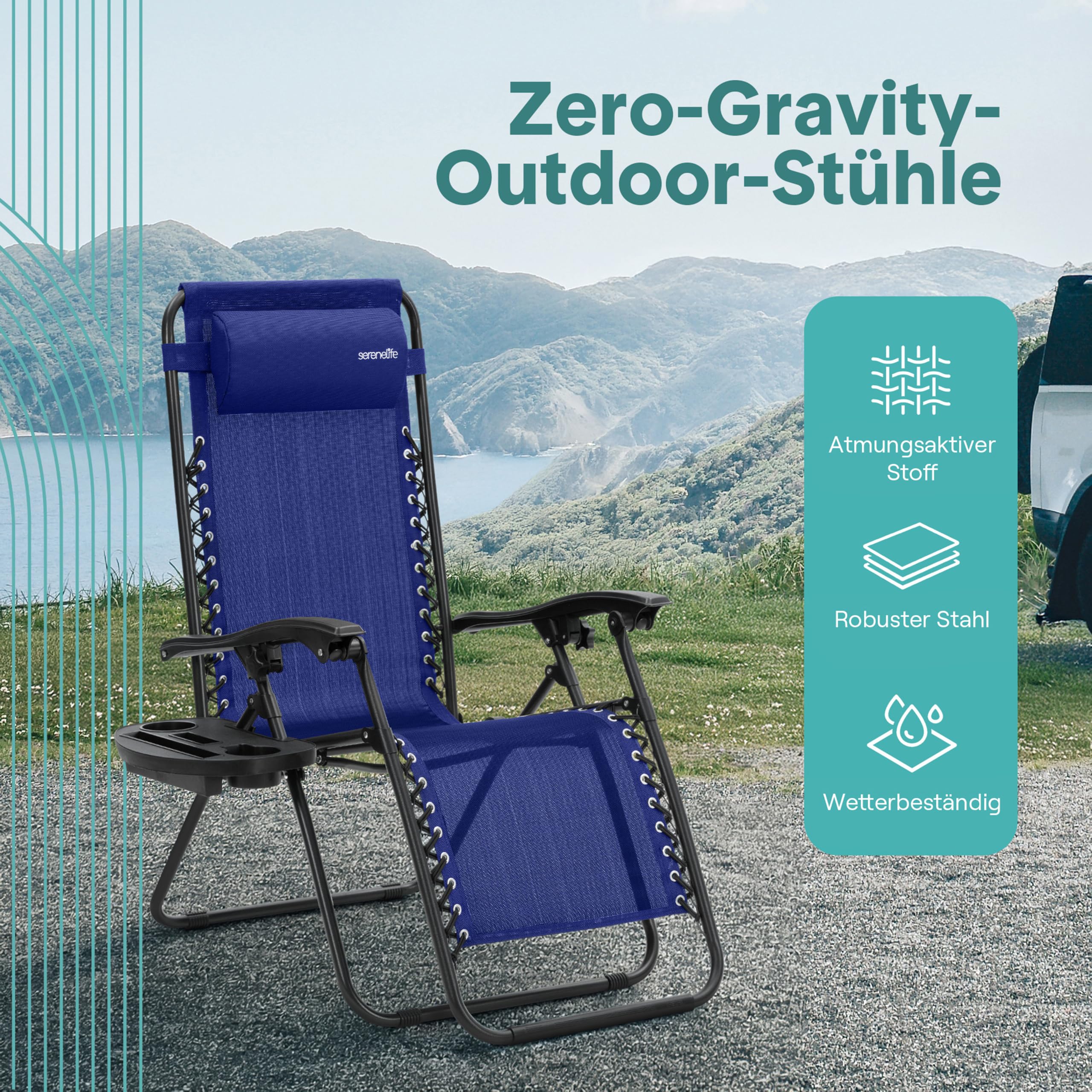 SereneLife Sonnenliege Klappbar 2er Set, Zero Gravity Liegestuhl Garten, bis 120 kg Blau, Verstellbar und Wetterfest, mit Getränkehalter und Kopfstütze, für Balkon Terrasse Strand Relax