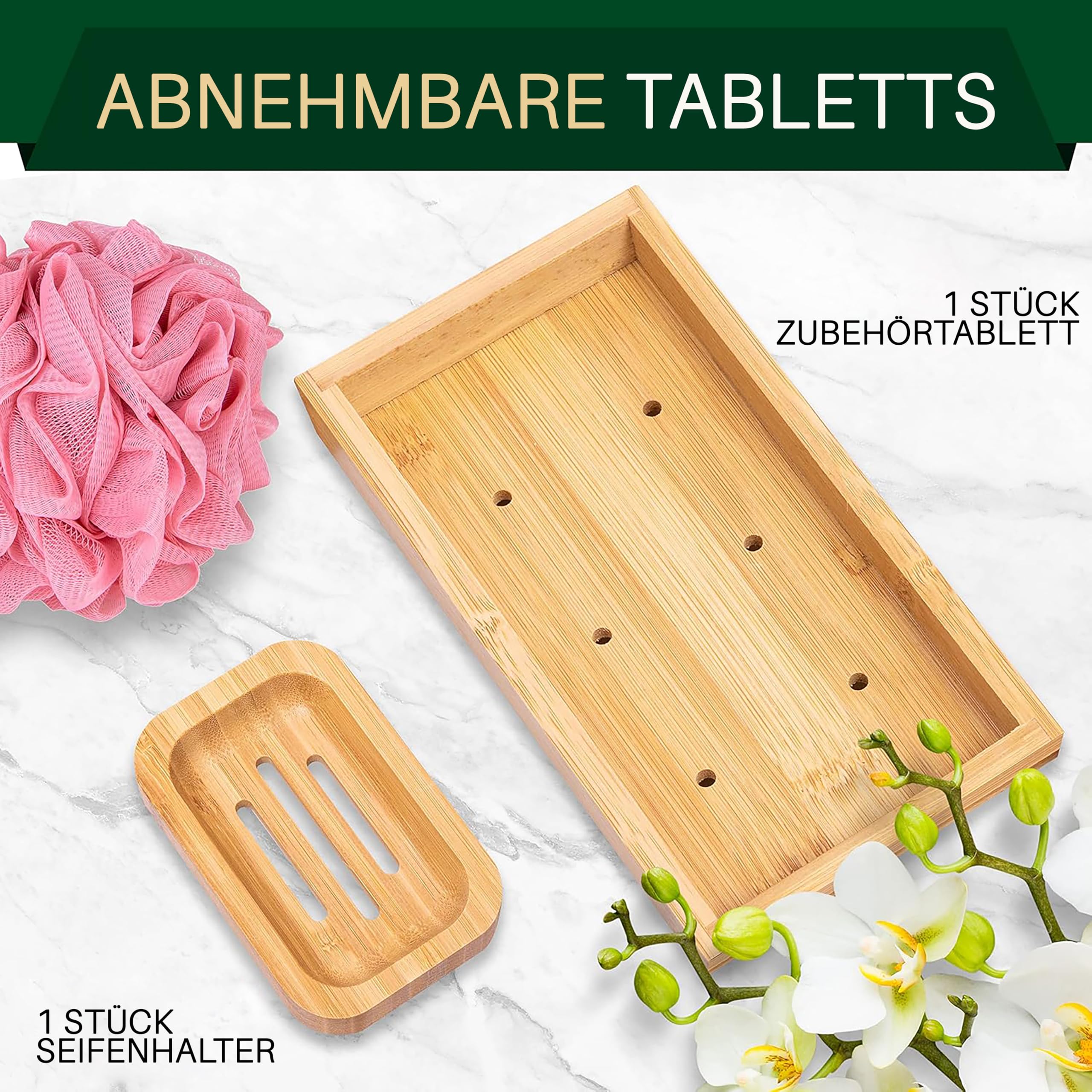 SereneLife Badewannenablage Bambus Natur, ausziehbar mit Weinglashalter | Badewannenbrett Holz, 70–104 cm verstellbar, Tablethalter, Seifenablage, schimmelresistent, Geschenkbox