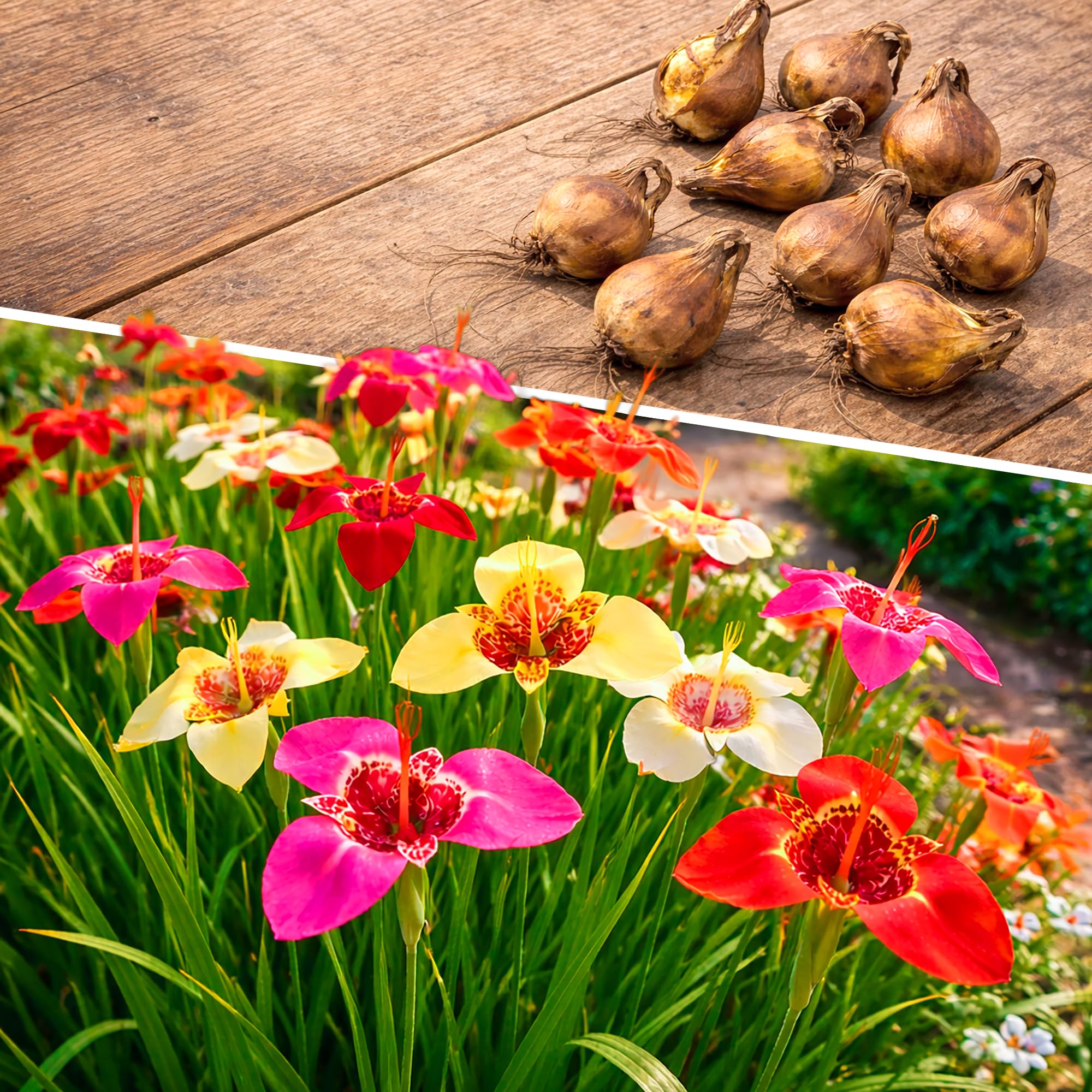 10 Mixed Tigridia Tiger Flower Peacock Bulbs Tropical Summer Blooming Garden Plants, Planting Outdoor Beds Borders Containers Pollinator Friendly Cut Flower Growing - Size 7/9 cm Bright Exotic Colours