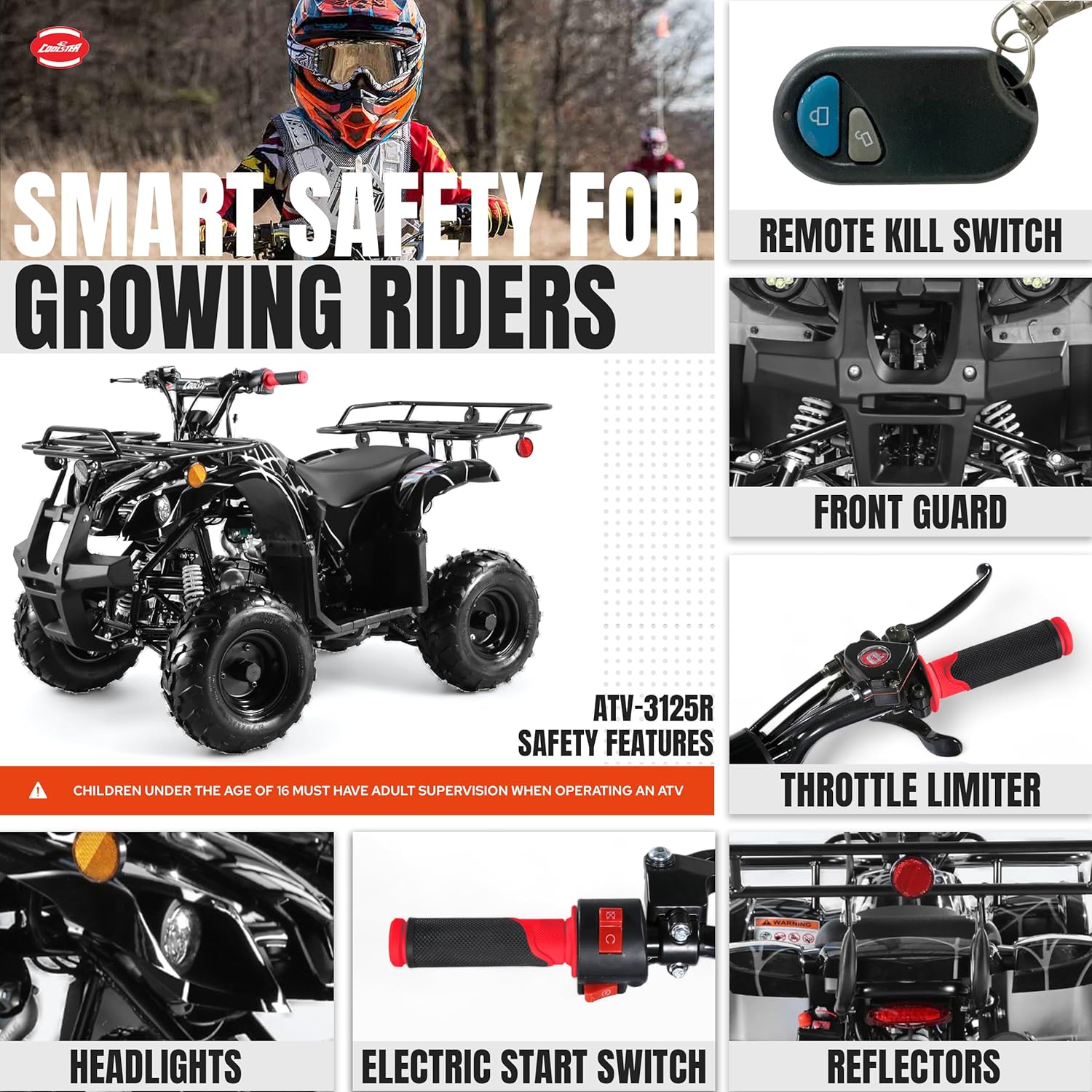 Coolster 125cc ATV for Kids & Adults, Spider Black - Gas Powered Automatic 4 Wheeler Quad with Electric Start, ATV-3125R