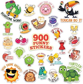 Decorably 900 Punny Teacher Stickers for Kids Classroom, Reward Stickers