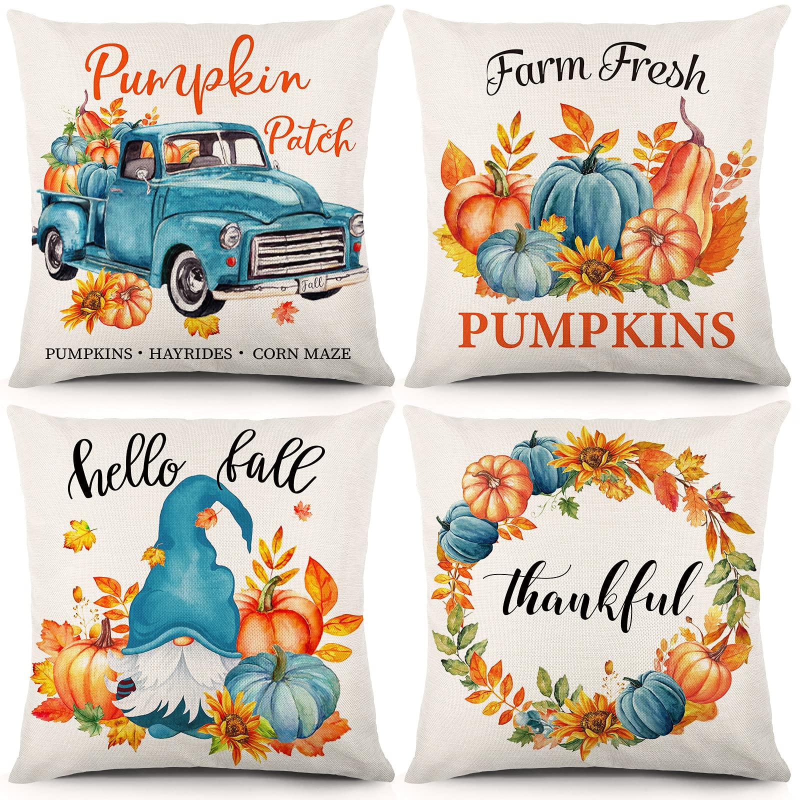 Bowount Fall Pillow Covers 18x18 Inch Set of 4 Pumpkin Thanksgiving Pillowcases Autumn Harvest Farmhouse Linen Decoration Throw Pillowcases for Living Room Sofa Bed Outdoor Home Decoration