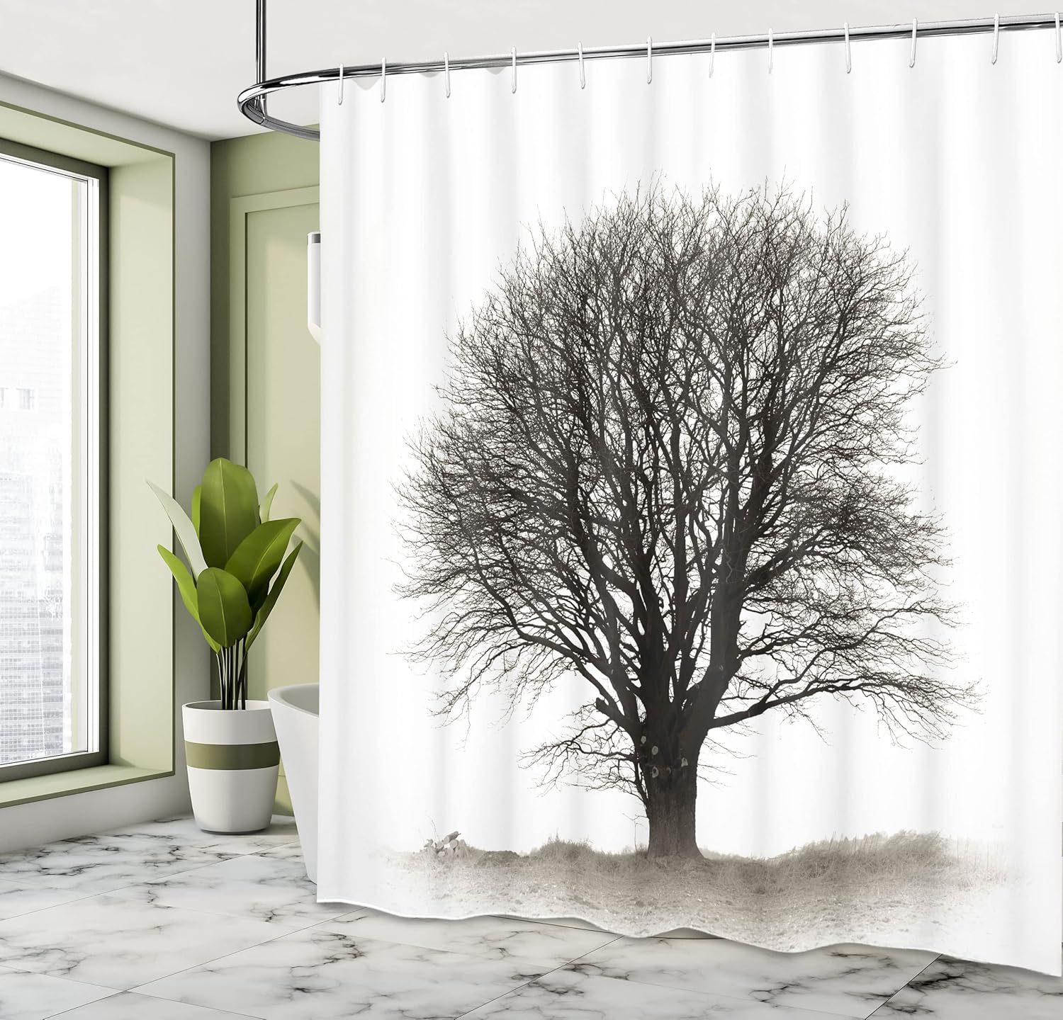 Ambesonne Grey Shower Curtain, Photo of a Big Tree on a Field Branches Fall Season Monochromic Landscape Art, Cloth Fabric Bathroom Decor Set with Hooks, 69" W x 75" L, Beige Black