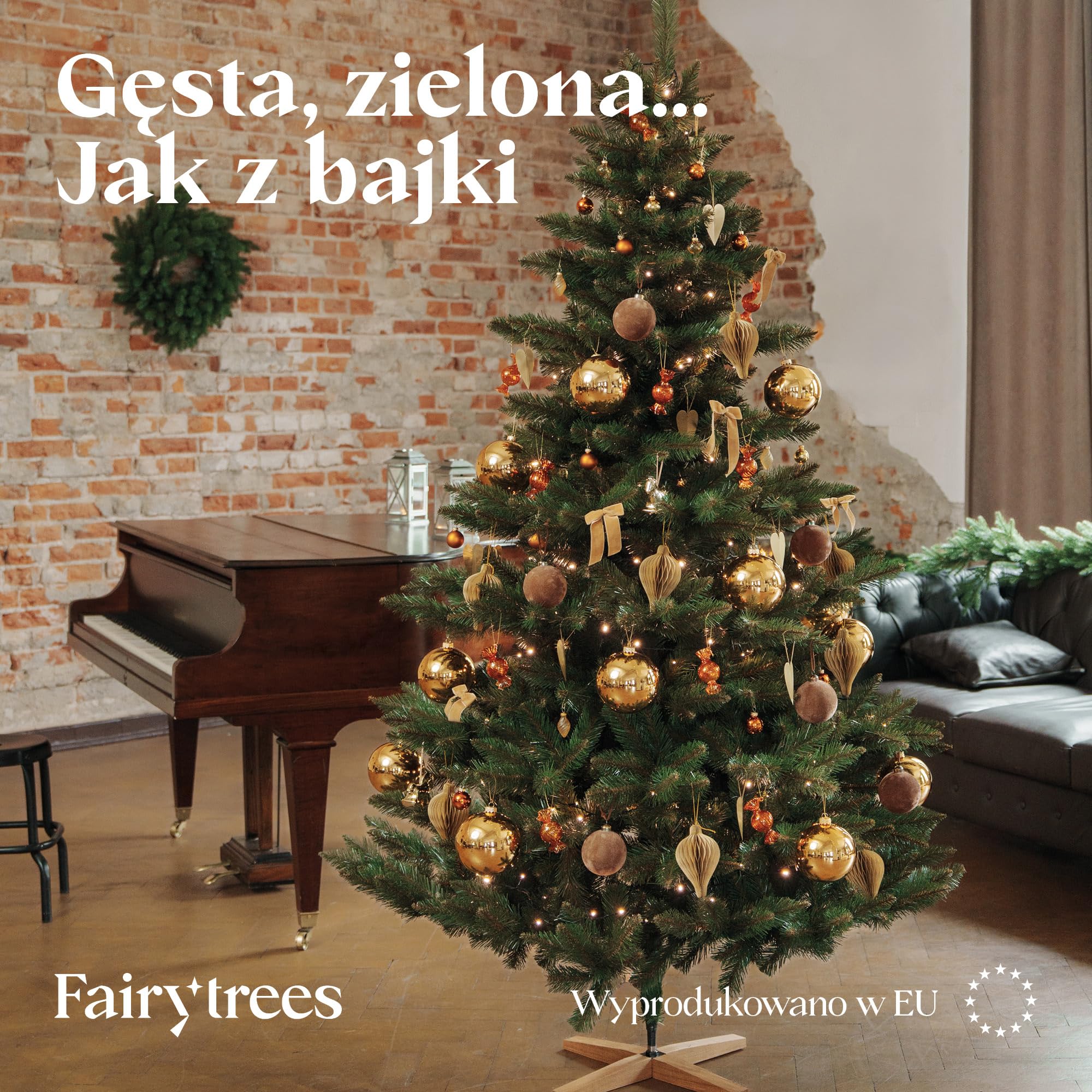 FairyTrees Choinka sztuczna – Jodła Nordmann, 180 cm, realistyczne gałązki PVC, drewniany stojak z jesionu, wyprodukowana w UE