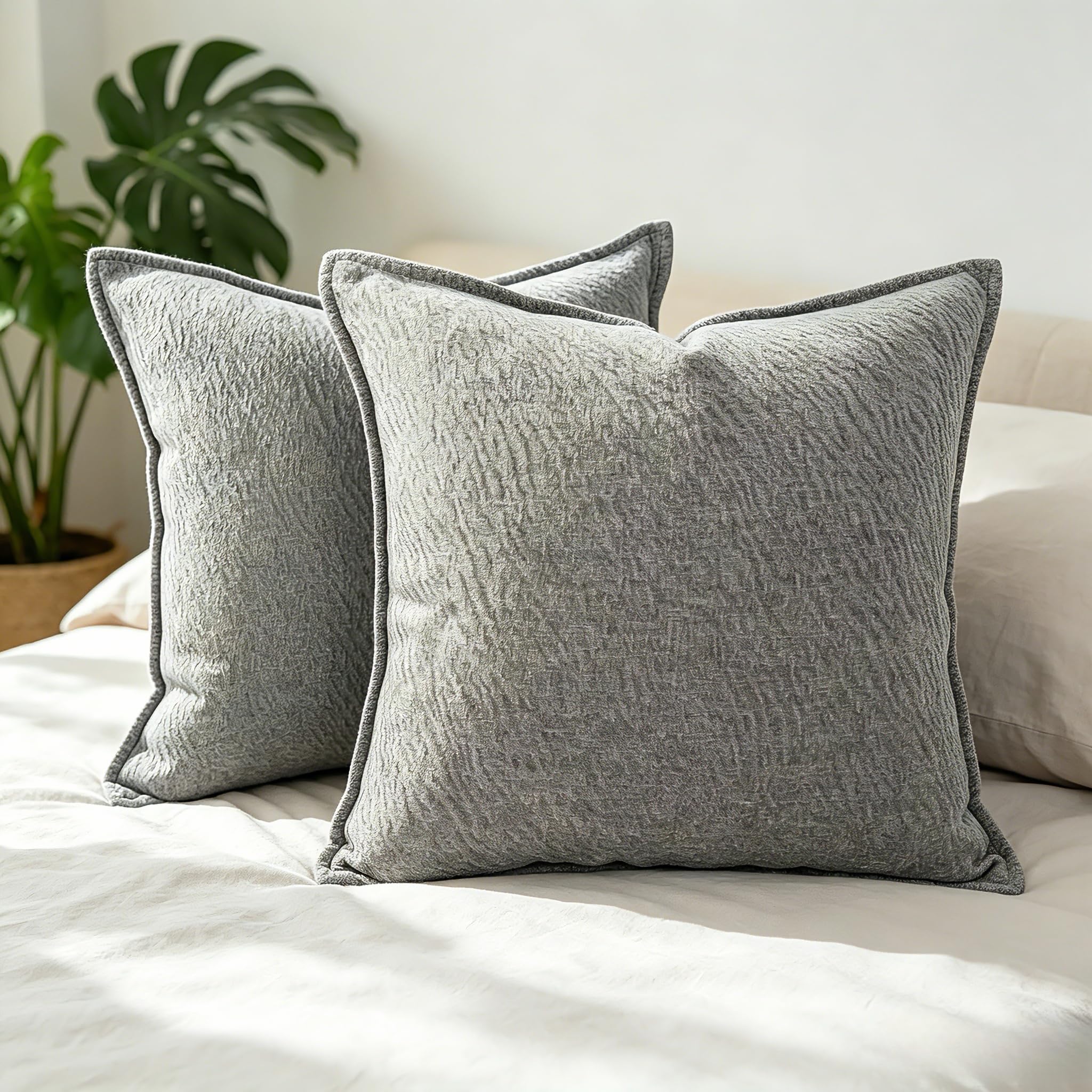 OYIMUA Set of 2 Soft Solid Chenille Cushion Covers 50 x 50 cm Grey