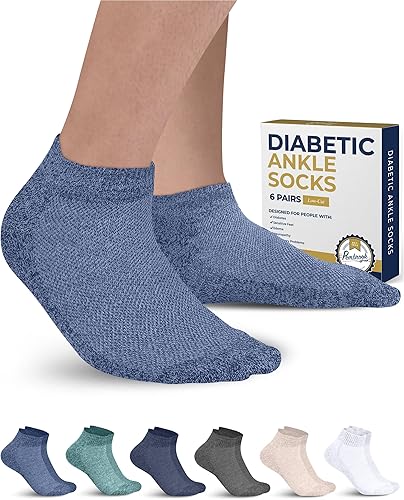Pembrook Calcetines tobilleros para diabéticos para hombres y mujeres, 6 pares de calcetines de corte bajo sin costuras para diabéticos para mujer