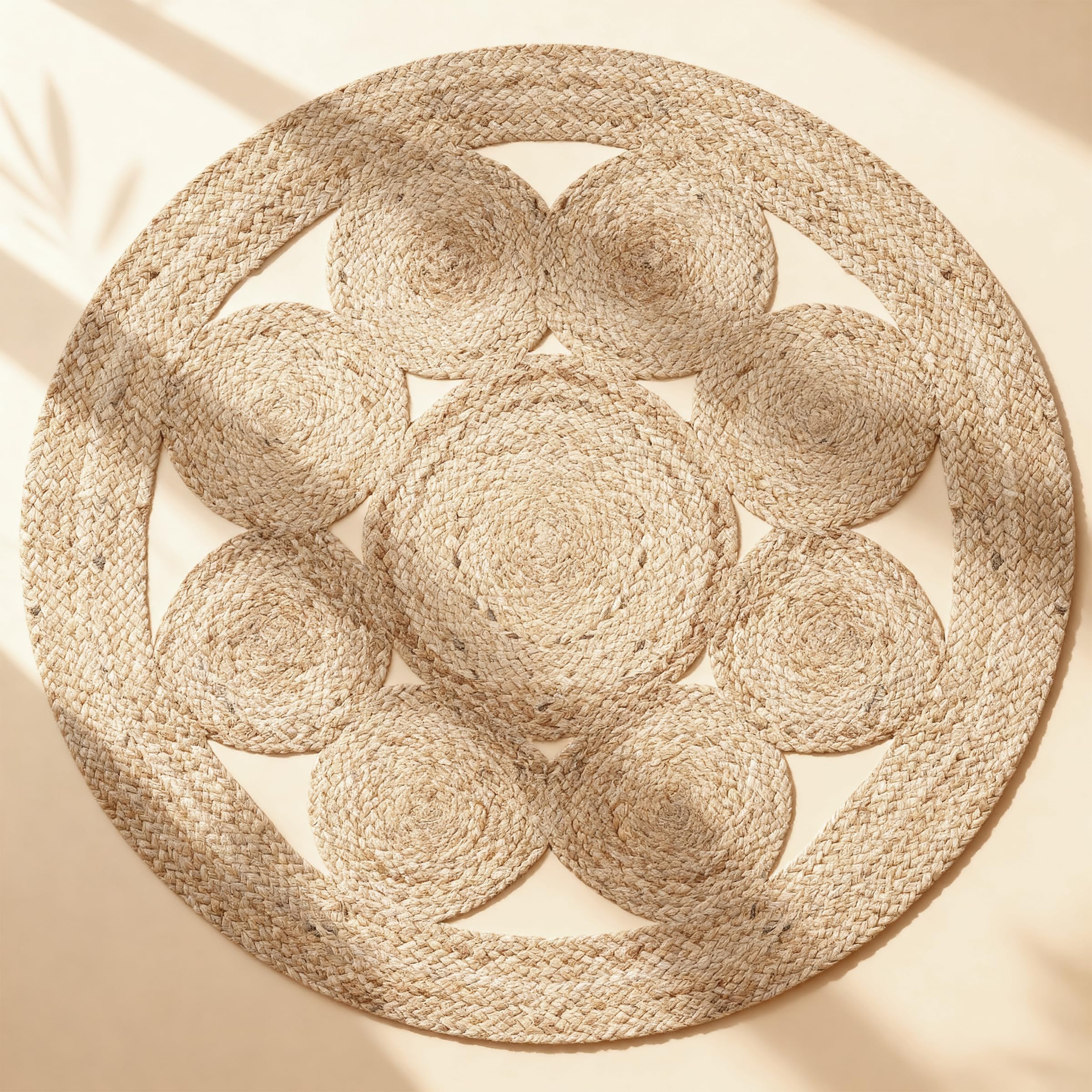 Craft Trade Naturale Lavabile Boho Fiore Tappeto in Iuta Intrecciato a Mano Reversibile Rotondo Tappeto di Juta per Cucina Soggiorno e camera da Letto- 120 cm