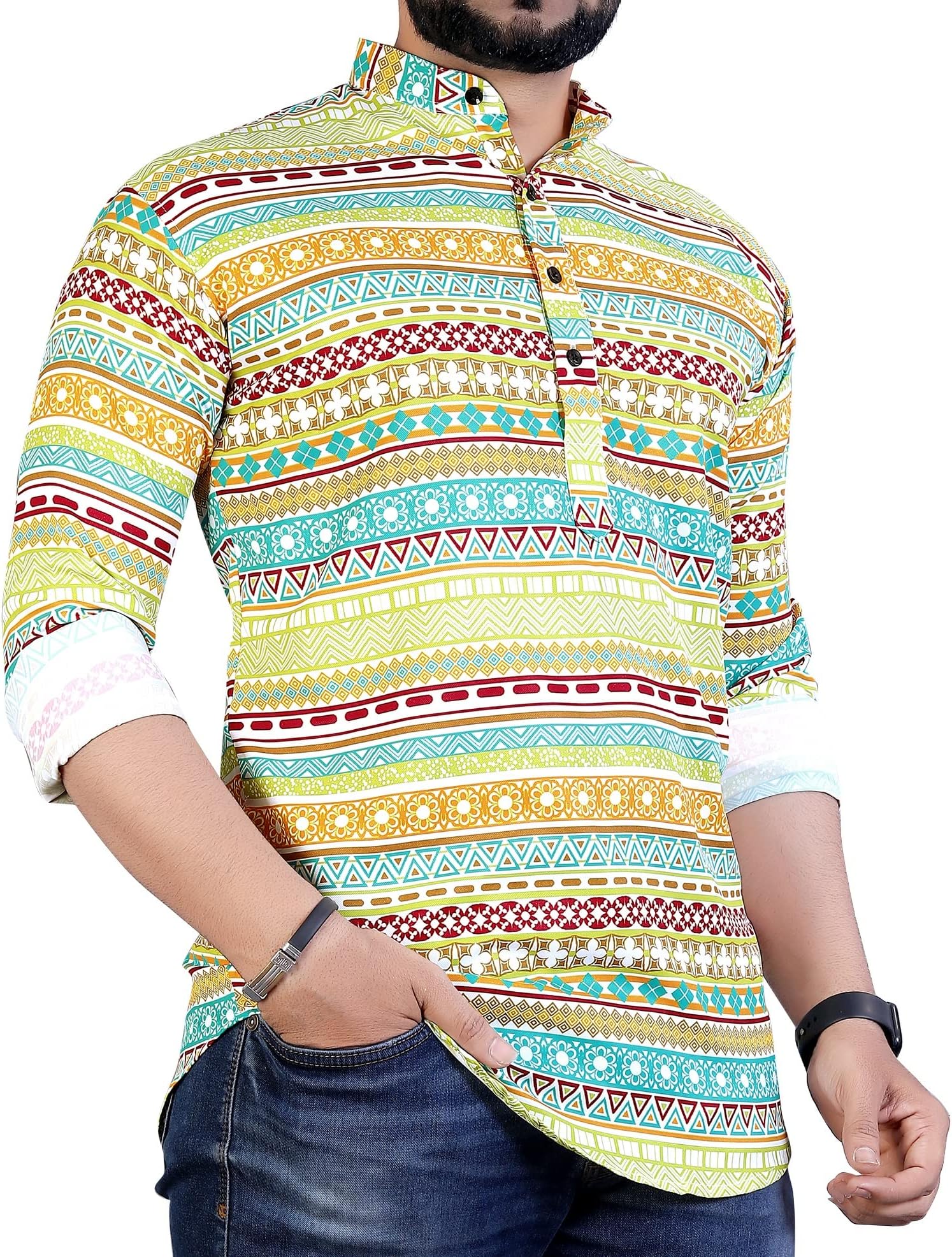 IndoPrimoMen's Poly Cotton Casual Printed Kurta Shirt