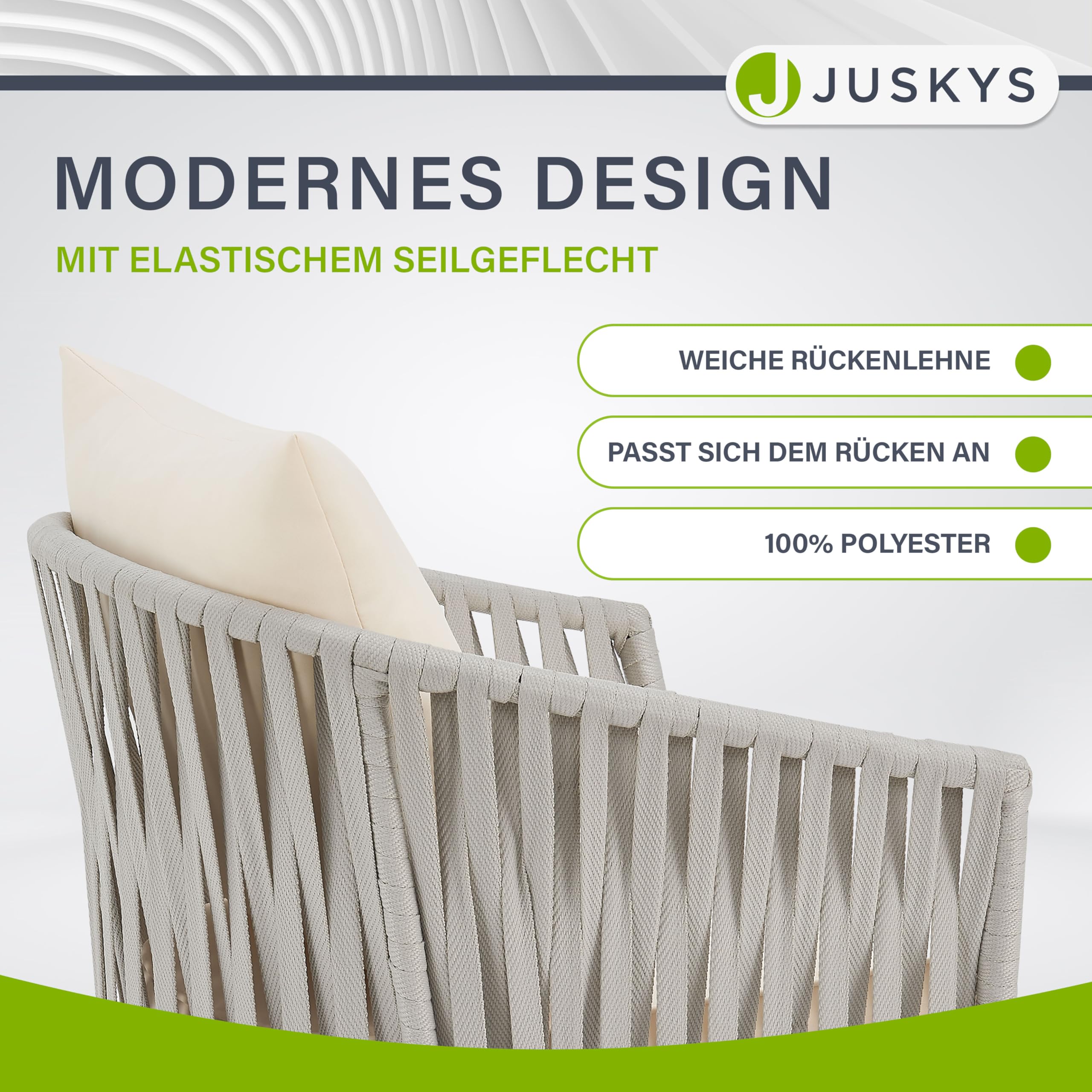 Juskys Rope Gartenstühle 2er Set wetterfest - bis 160 kg belastbar - Sitz- & Rückenkissen aus Polyester - 2 Stühle aus Stahl & Polypropylen für Garten, Terrasse & Balkon - Hellgrau