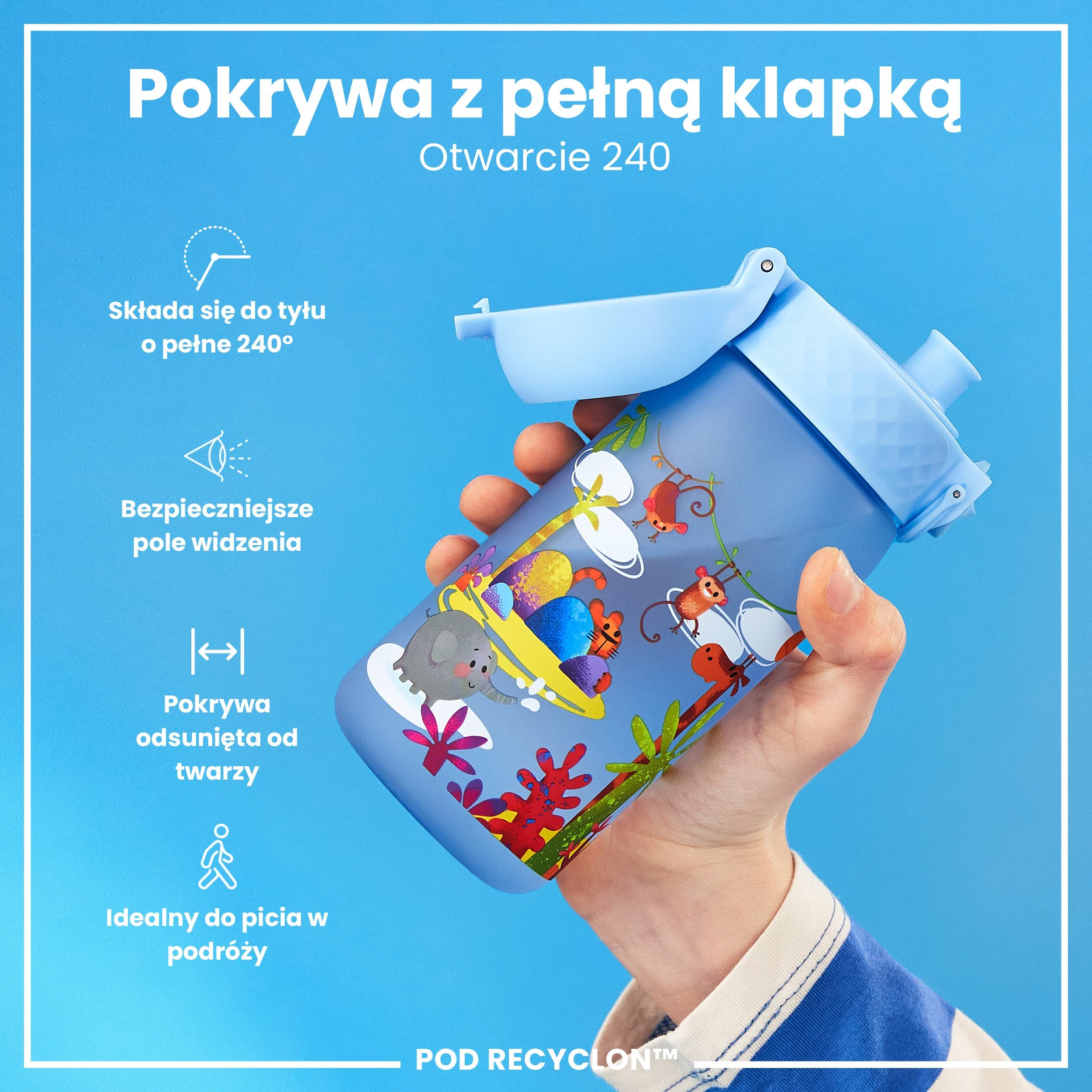 ION8 Butelka dla Dzieci, 350 ml/12 oz, Szczelna, Łatwa do Otwarcia, Bezpieczny Zamek, Można Myć w Zmywarce, Bez BPA, Uchwyt do Przenoszenia, Łatwa do Czyszczenia, Bezwonny, Safari
