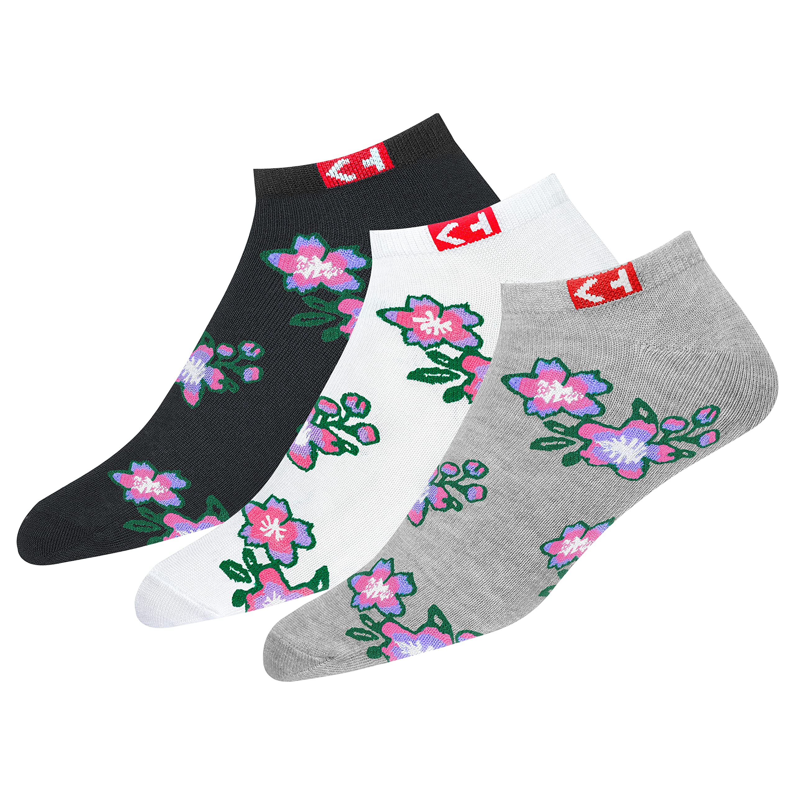 KOPNHAGN Women Socks Floral Design Ankle Cotton Socks, Pack of 3, Multicolor, Free Size