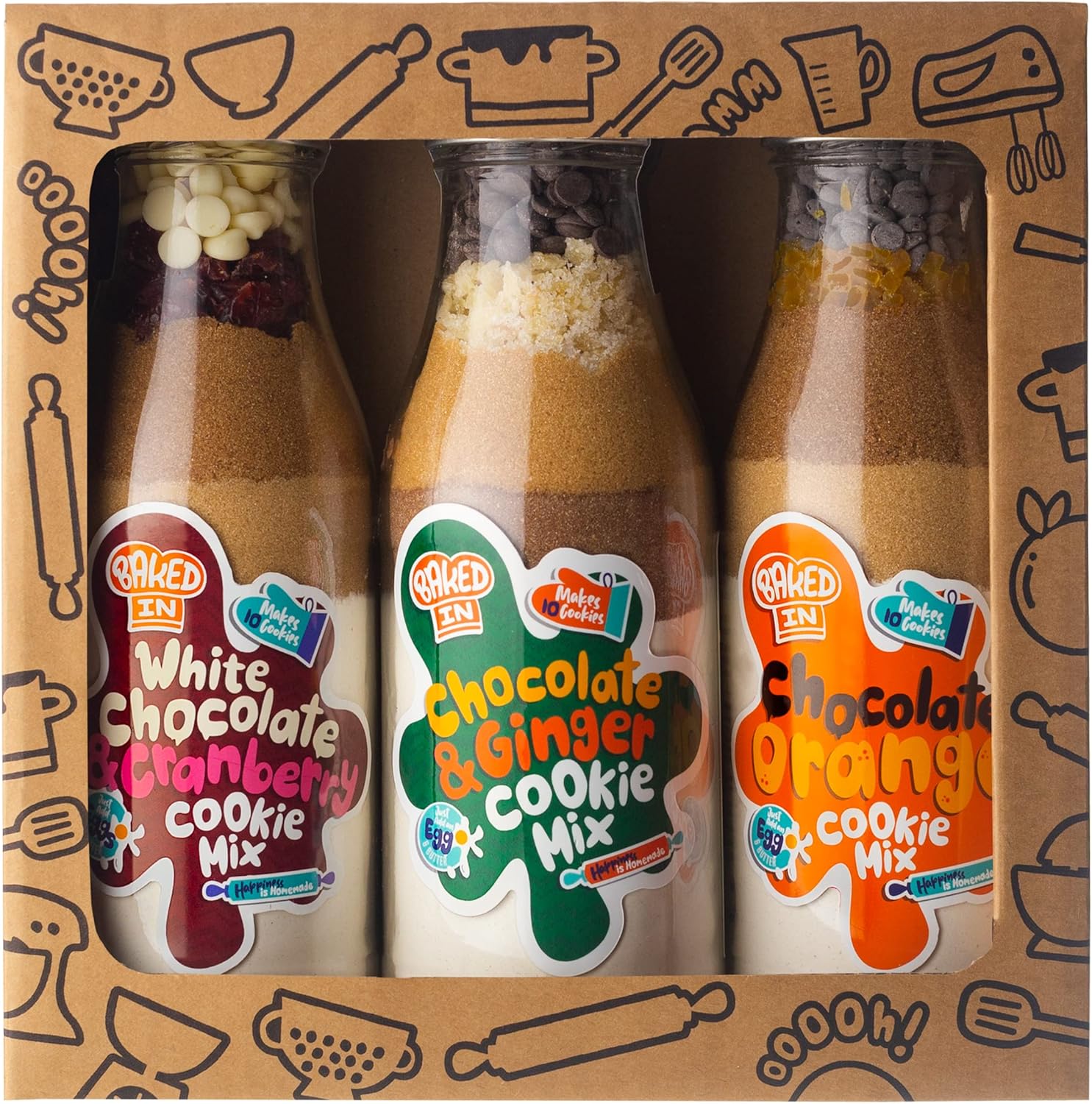 BakedIn Festive Bottle Gift Set 3 x 500ml Cookie Mixes Includes